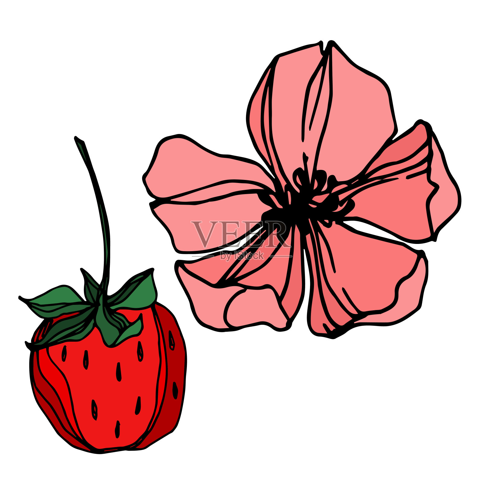 载体草莓新鲜浆果健康食品。黑白篆刻水墨艺术。孤立的草莓插图元素。插画图片素材