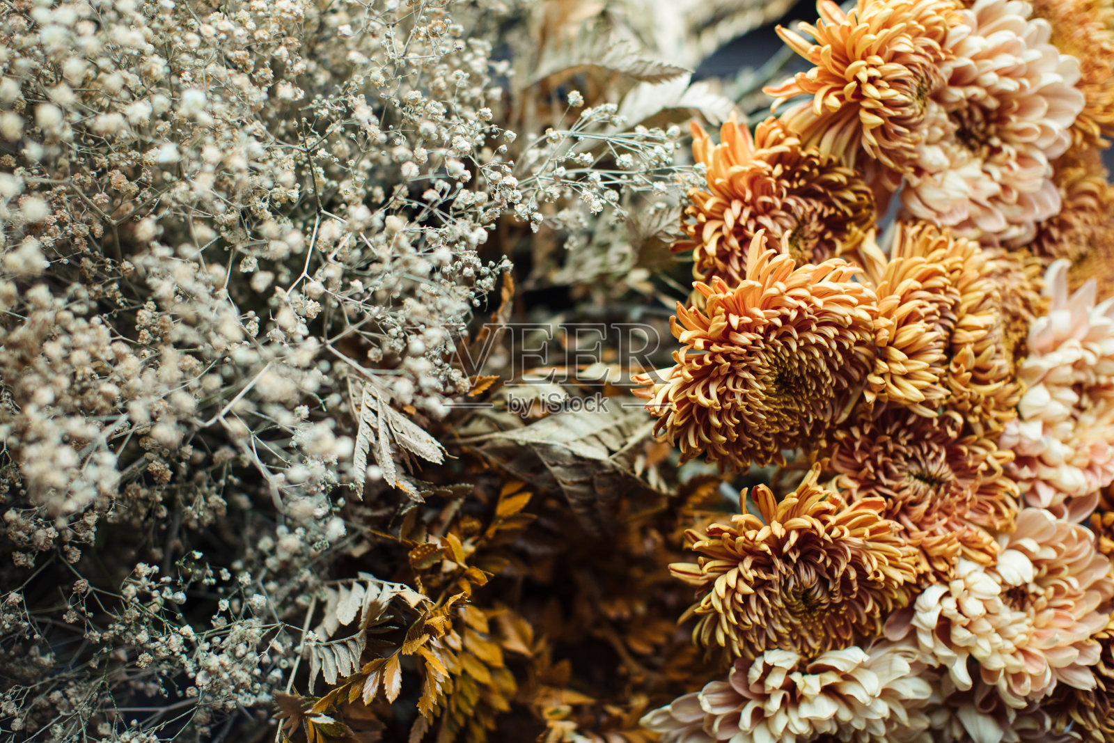 美丽的秋天花与牡丹混合。花商的工作。花交付照片摄影图片