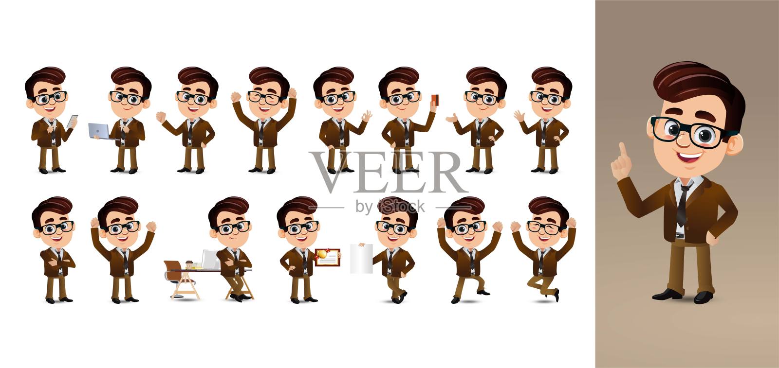 不同姿势的商务人士。向量插画图片素材