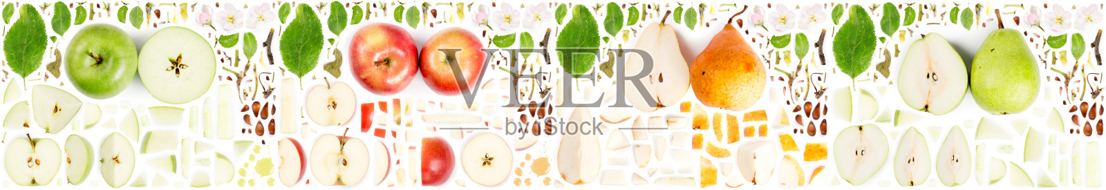 苹果和梨片和叶子收集照片摄影图片