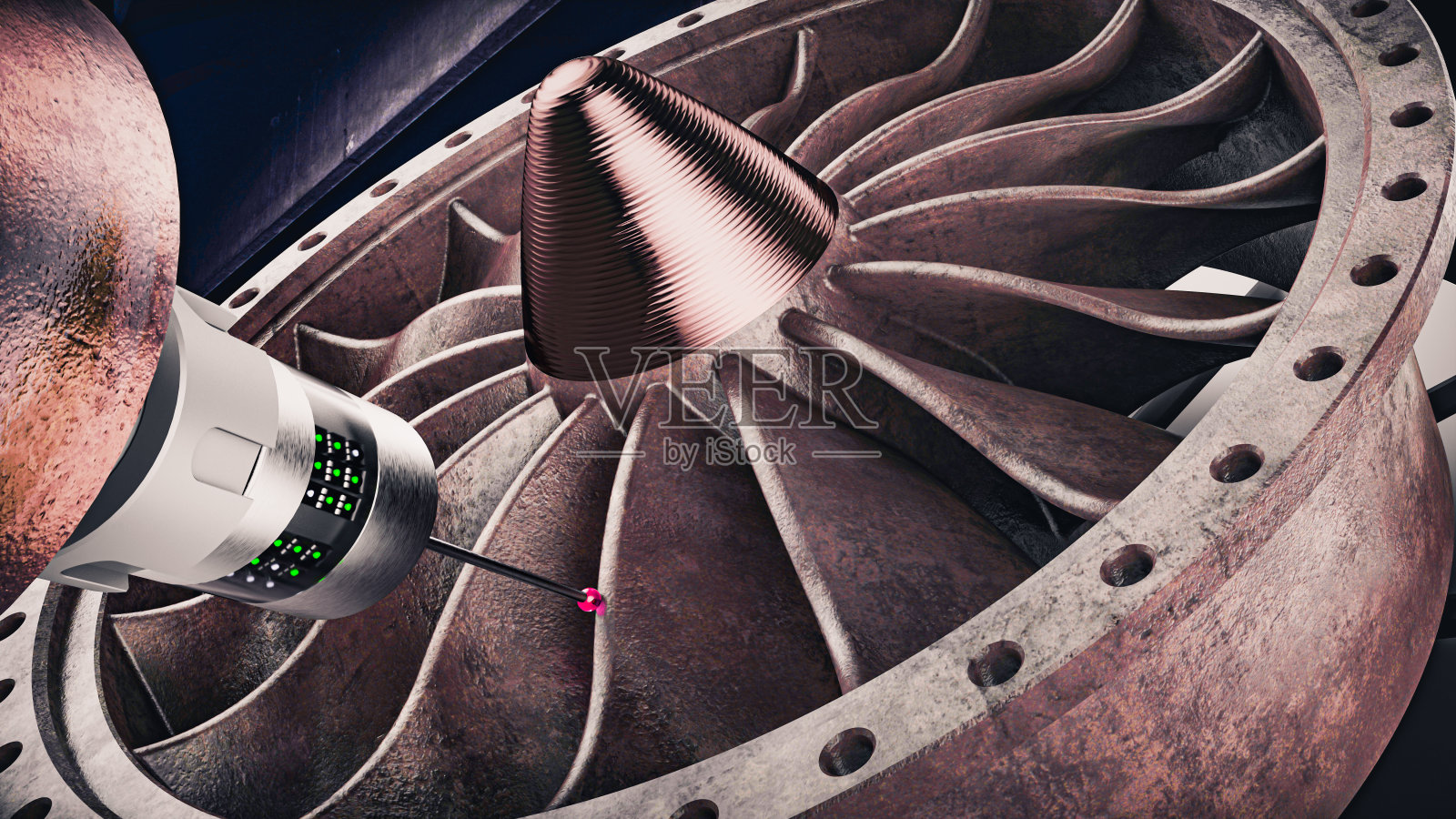 在三坐标数控机床上测量涡轮零件样品的测量探头。照片摄影图片