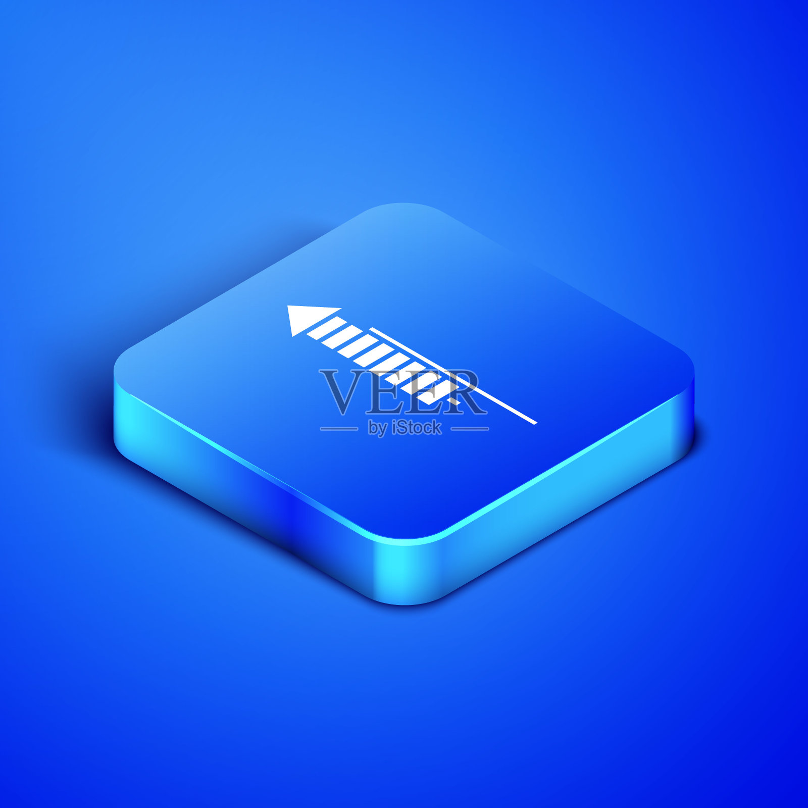 等距烟火火箭图标孤立在蓝色背景。趣味派对的概念。爆炸性的烟火的象征。蓝色方块按钮。矢量图图标素材