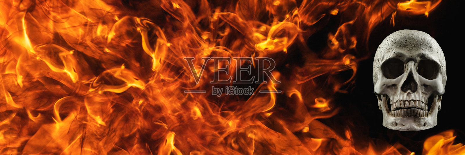 背景是火中的人类头骨照片摄影图片