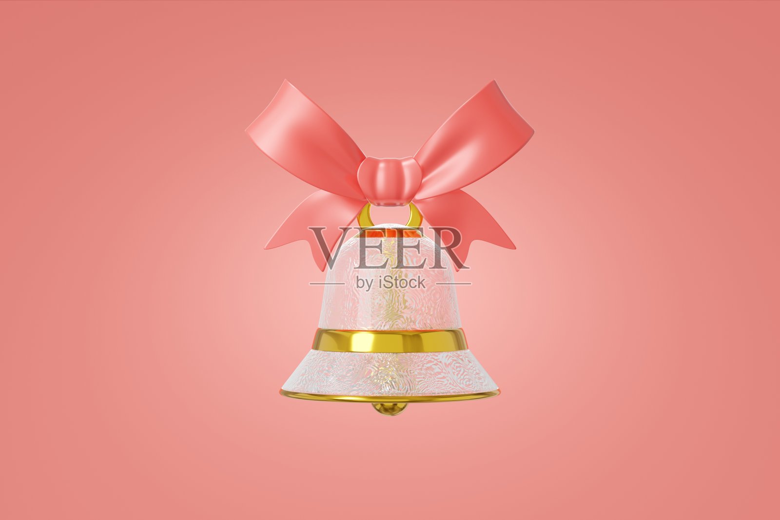 圣诞钟玻璃冰霜纹理装饰金色挂丝带。优雅的玩具概念设计红色背景。优雅的珠宝象征新年。三维渲染照片摄影图片