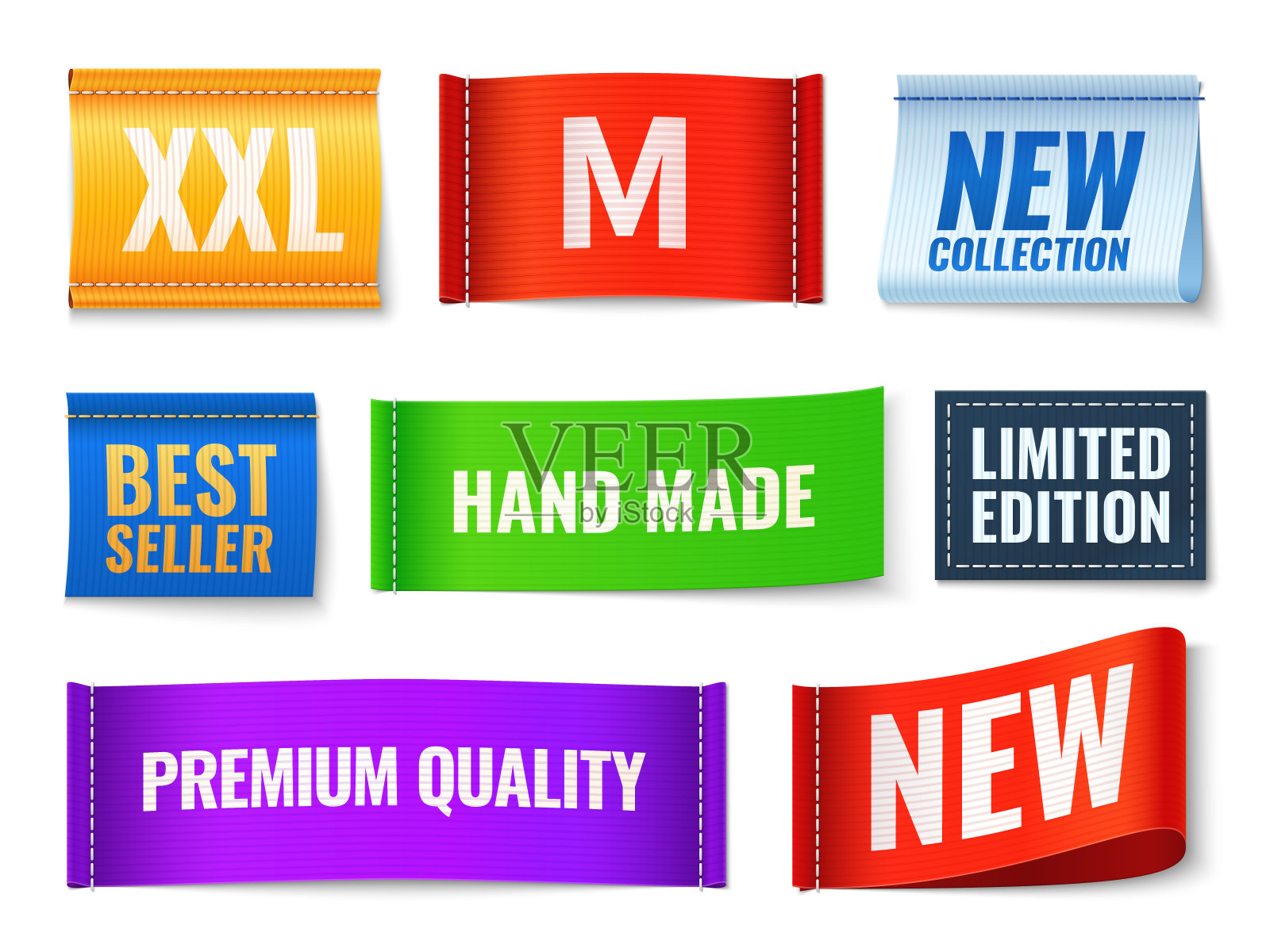 衣服的标签。宣传织物徽章,彩色棉布矩形新,手工和新的收集横幅。纺织标签孤立向量集设计元素图片