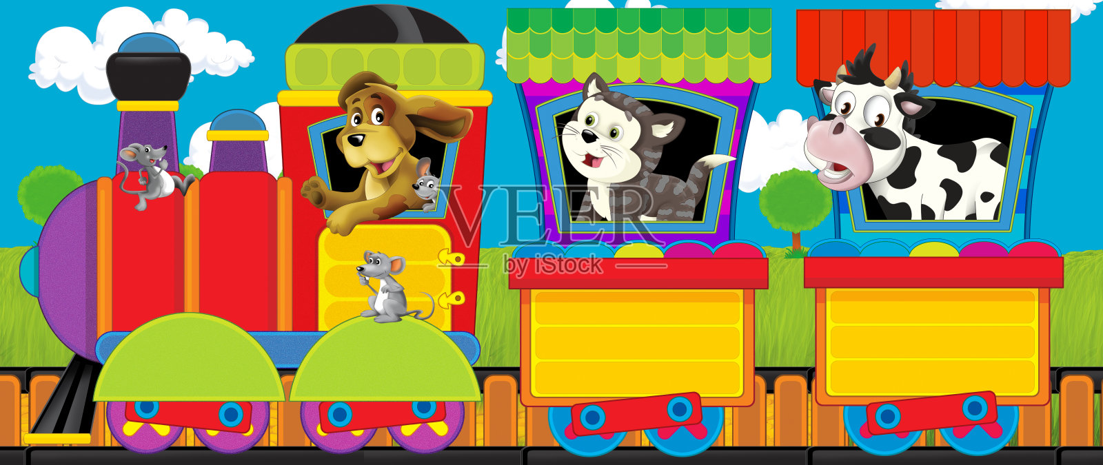 卡通有趣的蒸汽火车通过草地与农场动物插画图片素材