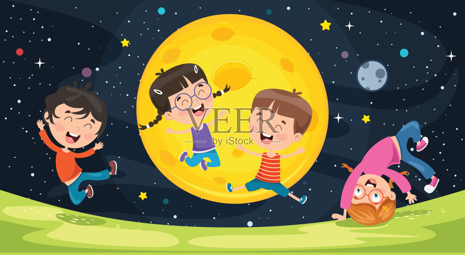 月亮之夜,孩子们在外面玩耍插画图片素材