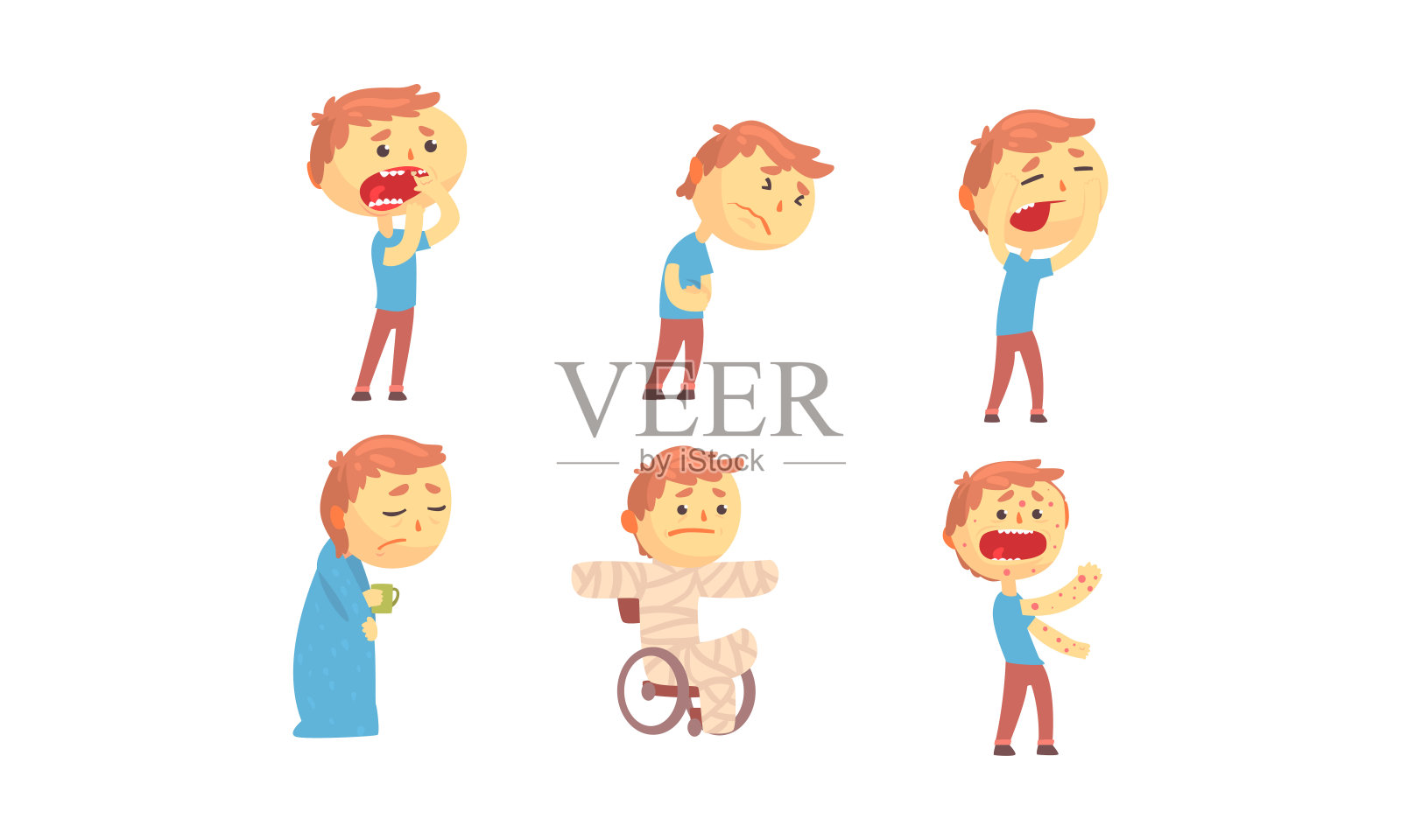 患有水痘和胃痛的病童性格向量集插画图片素材