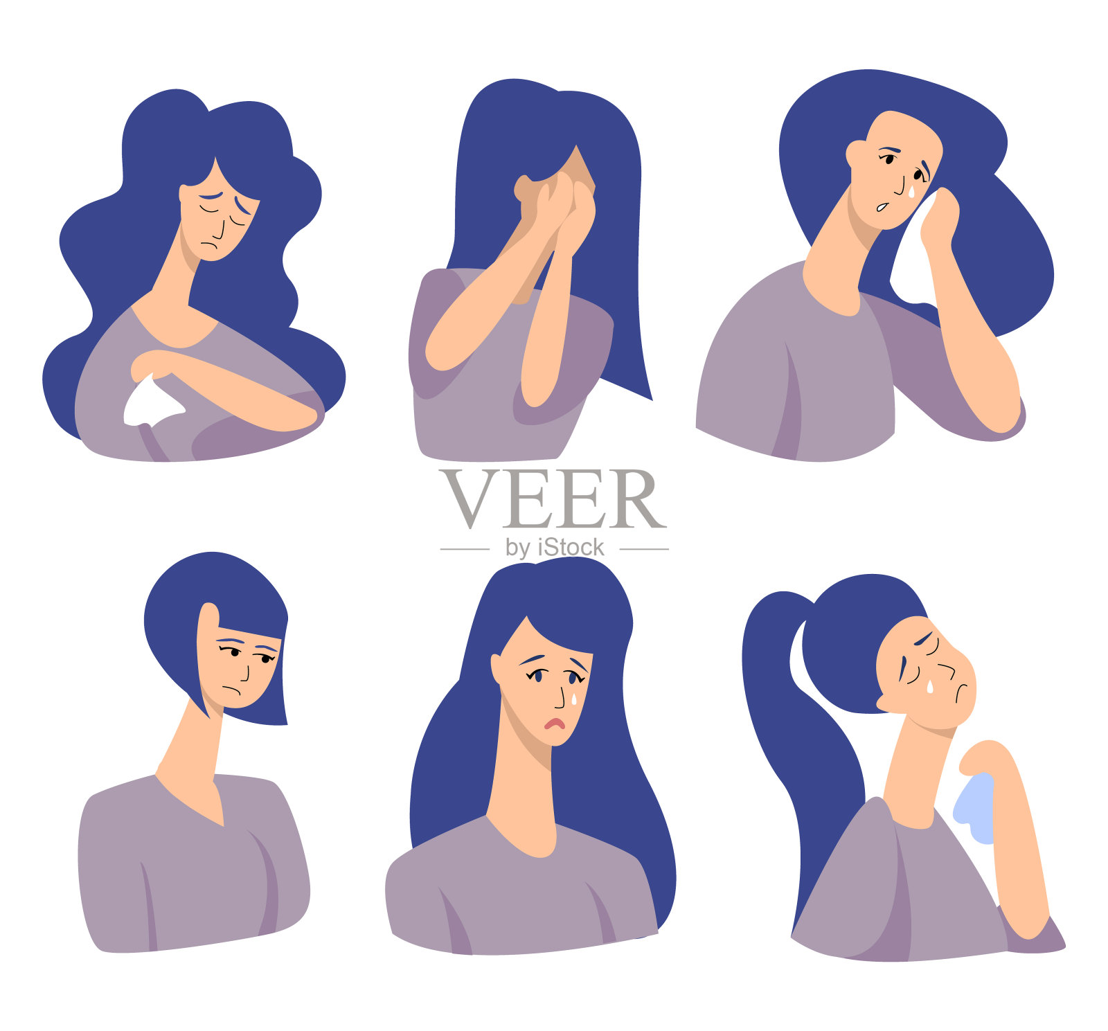 带有悲伤、痛苦、忧愁情绪的女性图像矢量素材插画图片素材