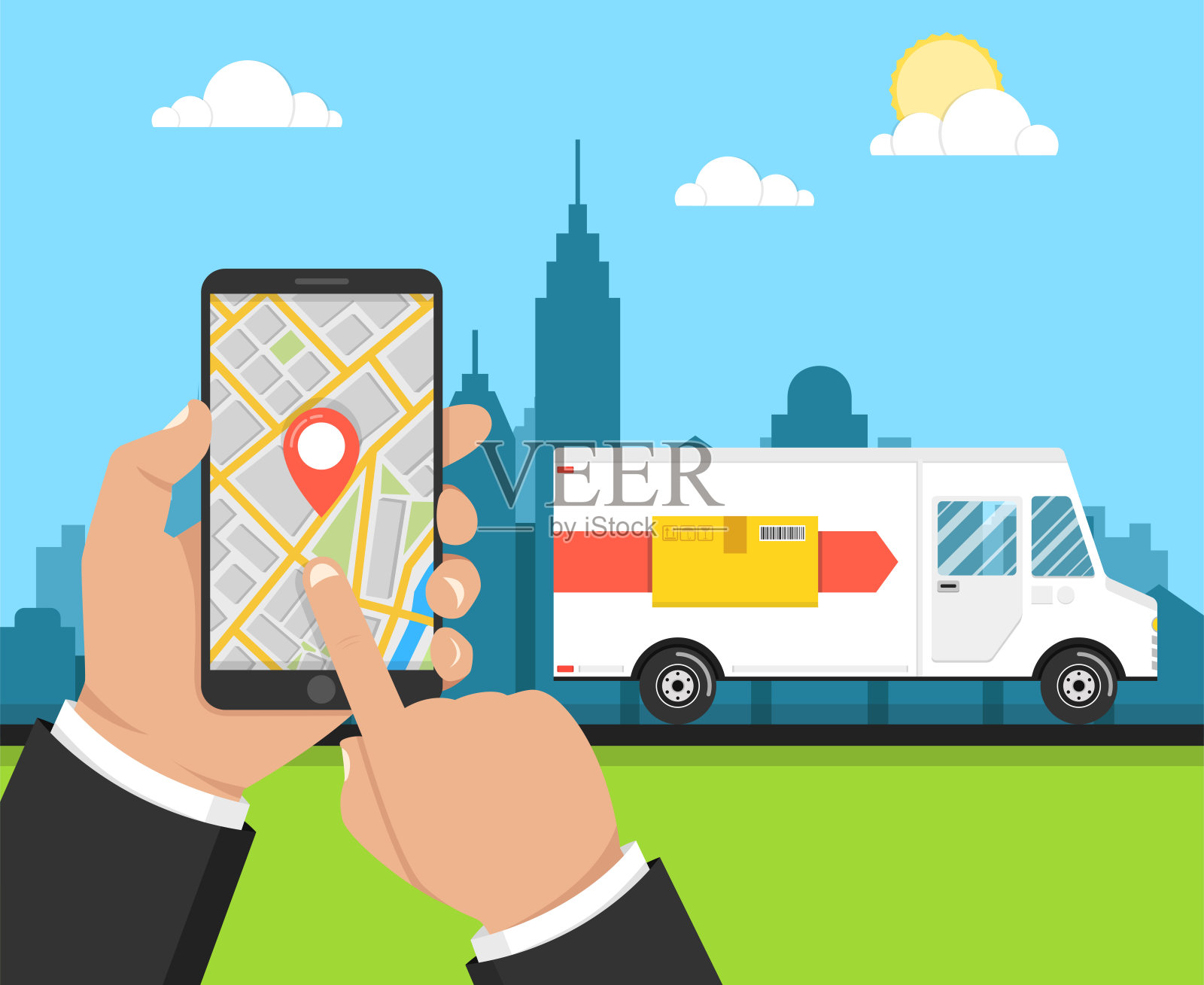 屏幕上有快递服务应用的手持智能手机。送货服务的概念。矢量插图。插画图片素材