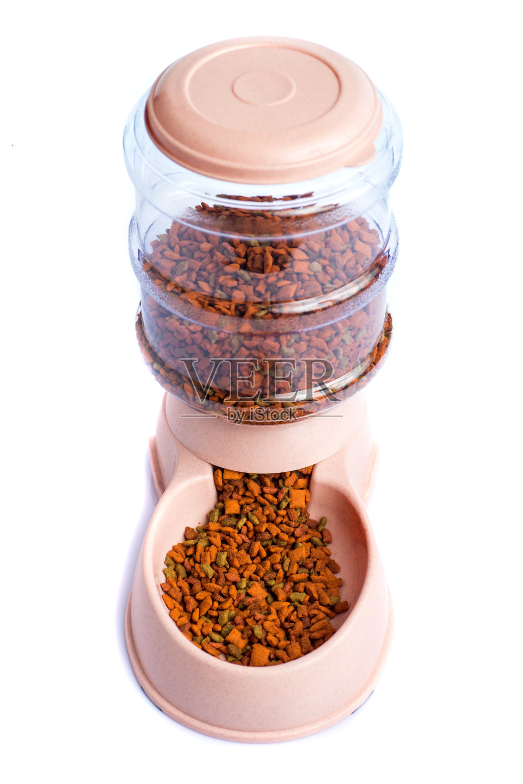 白色背景上的宠物干粮储存馈线分配器或宠物食品分配器照片摄影图片