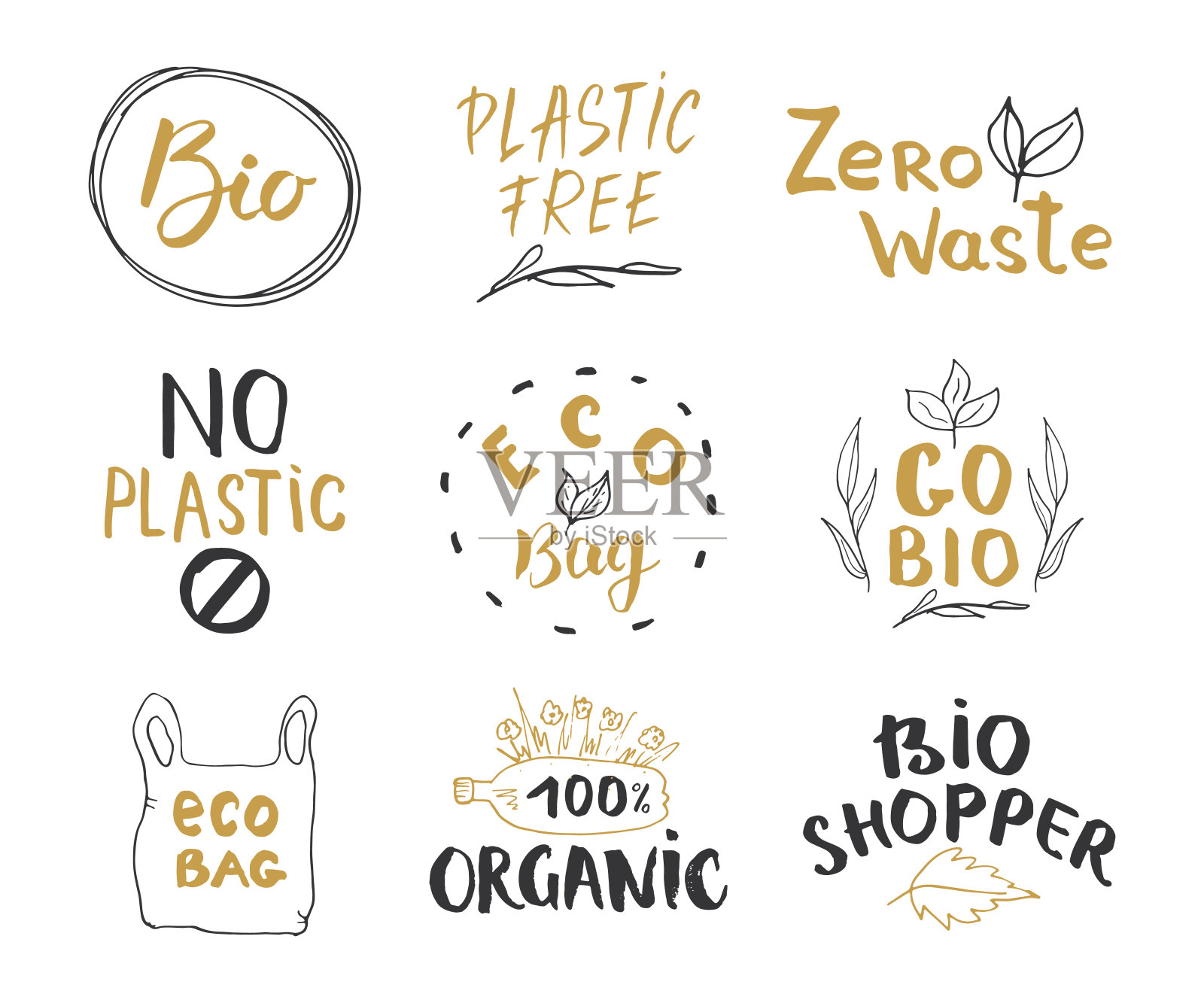 生态和生物手绘标签集。书法字母与环保素描涂鸦元素。矢量图插画图片素材