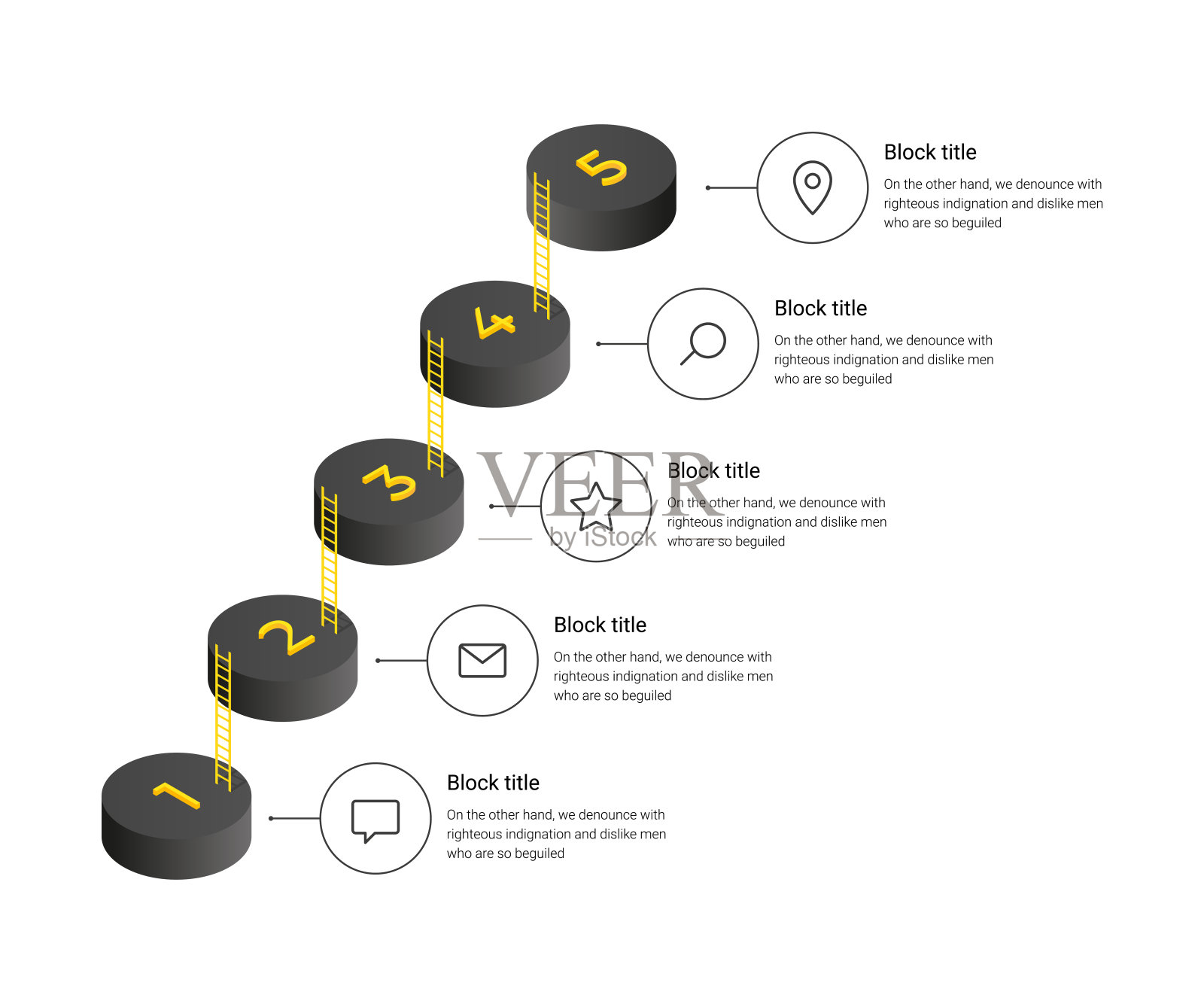 矢量等距信息图的网站,横幅,流程图,演示。带有圆柱体步骤、选项的业务模板。黑色和黄色概念孤立在白色背景插画图片素材