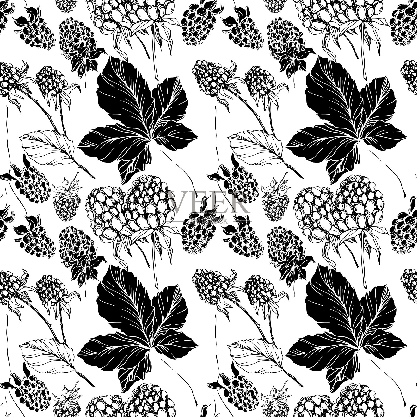 黑莓的健康食品。黑白篆刻水墨艺术。无缝的背景图案。织物墙纸印花纹理。插画图片素材
