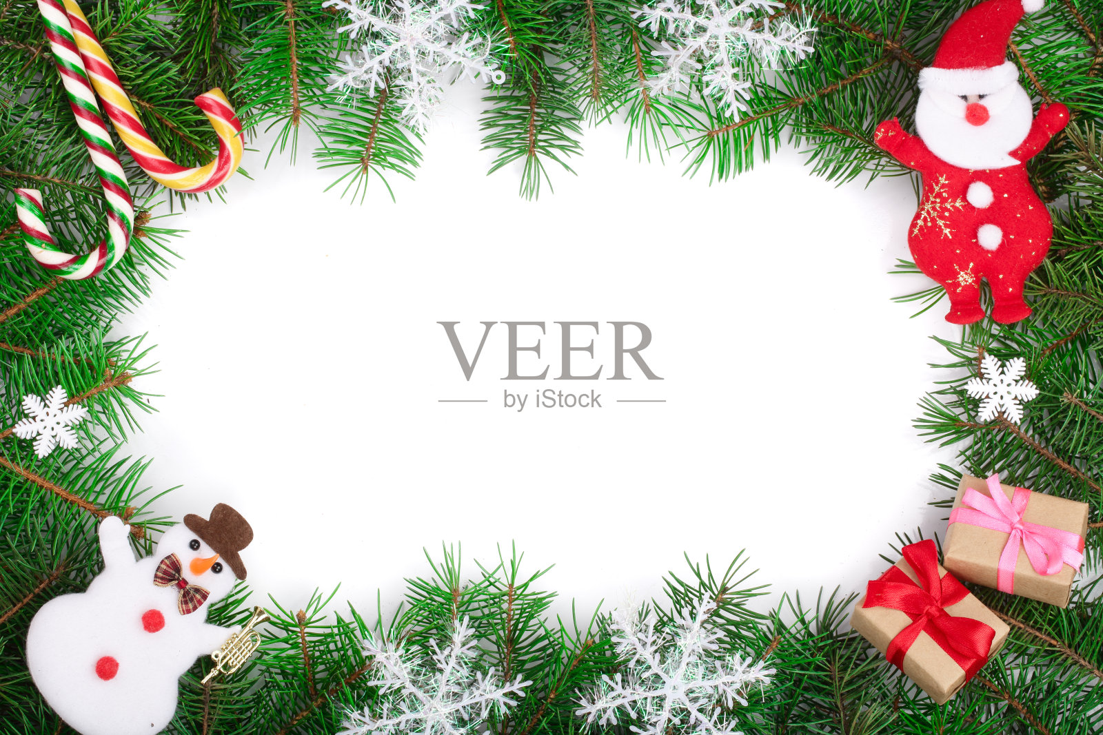 圣诞框架装饰孤立的白色背景与复制空间为您的文本。前视图。照片摄影图片