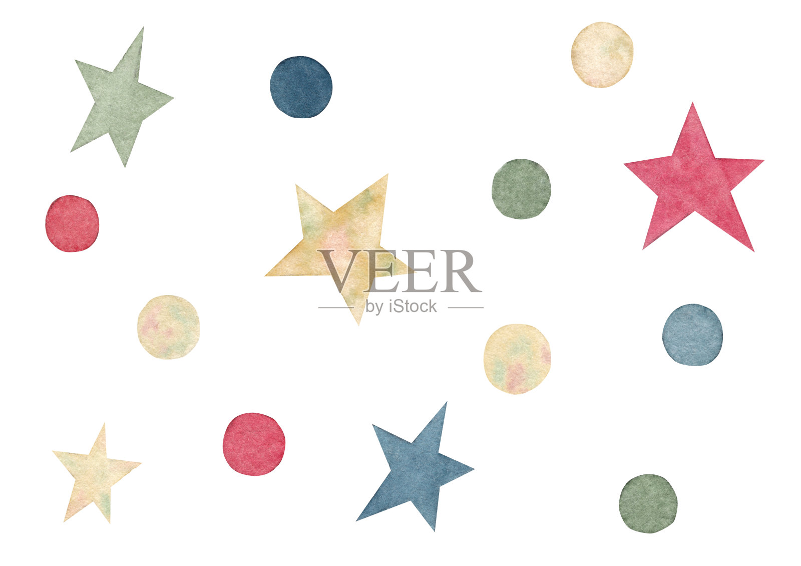 水彩手绘集与五颜六色的星星和圆圈插画图片素材