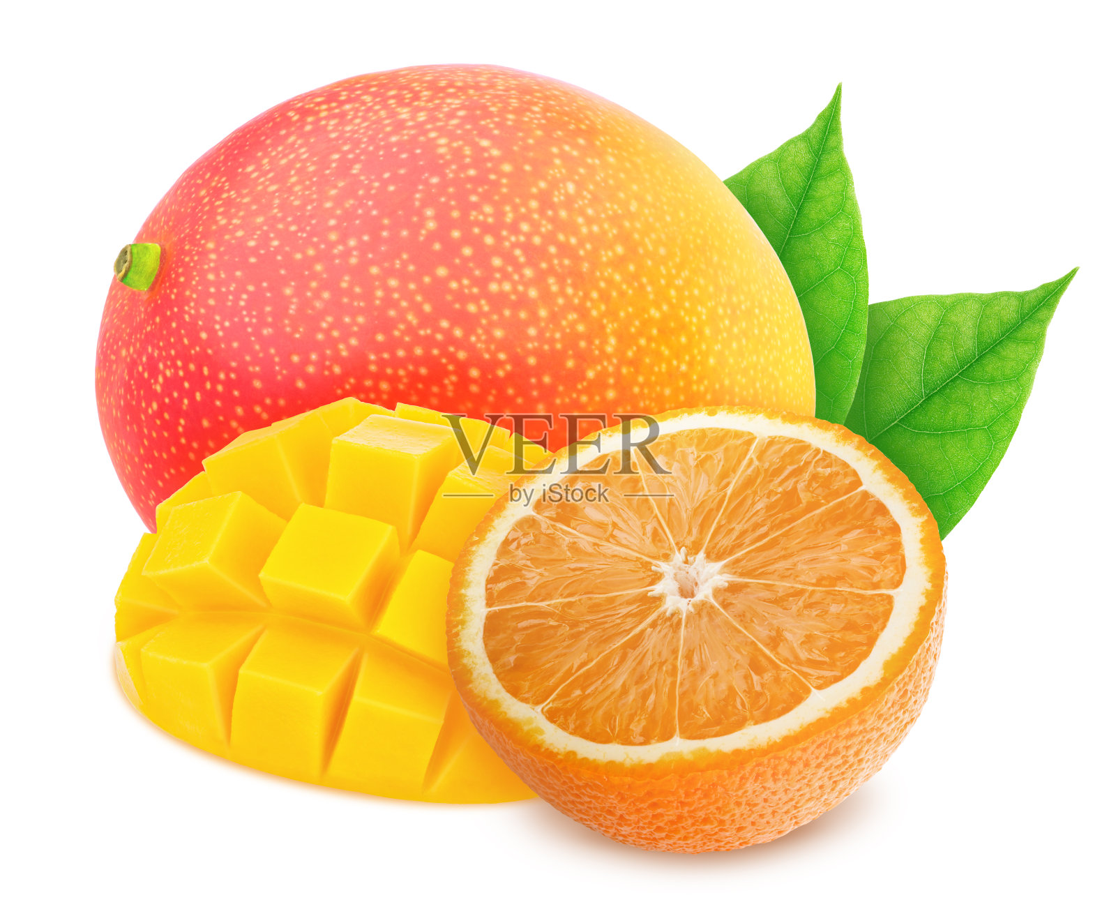 混合完全成熟的热带水果-芒果和橙子孤立的白色背景和修剪路径。照片摄影图片