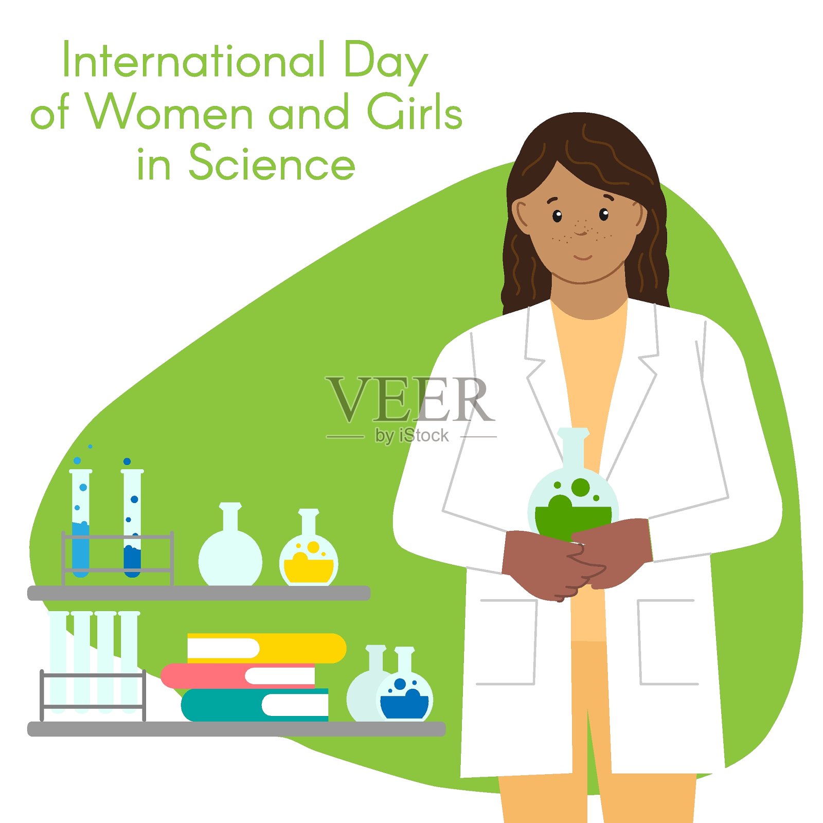 一个拿着试管的女化学家。妇女和女童参与科学国际日。女人的化学家。女科学家。插图与改变颜色的能力。插画图片素材