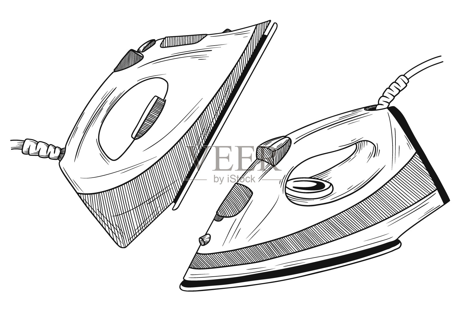 在白色背景上素描熨斗。矢量插图在素描风格。插画图片素材