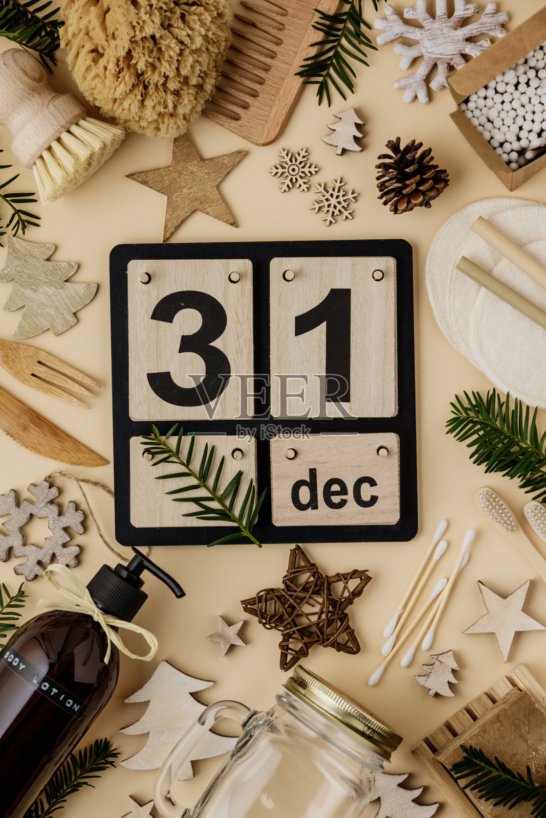 零浪费环保圣诞概念平铺照片摄影图片