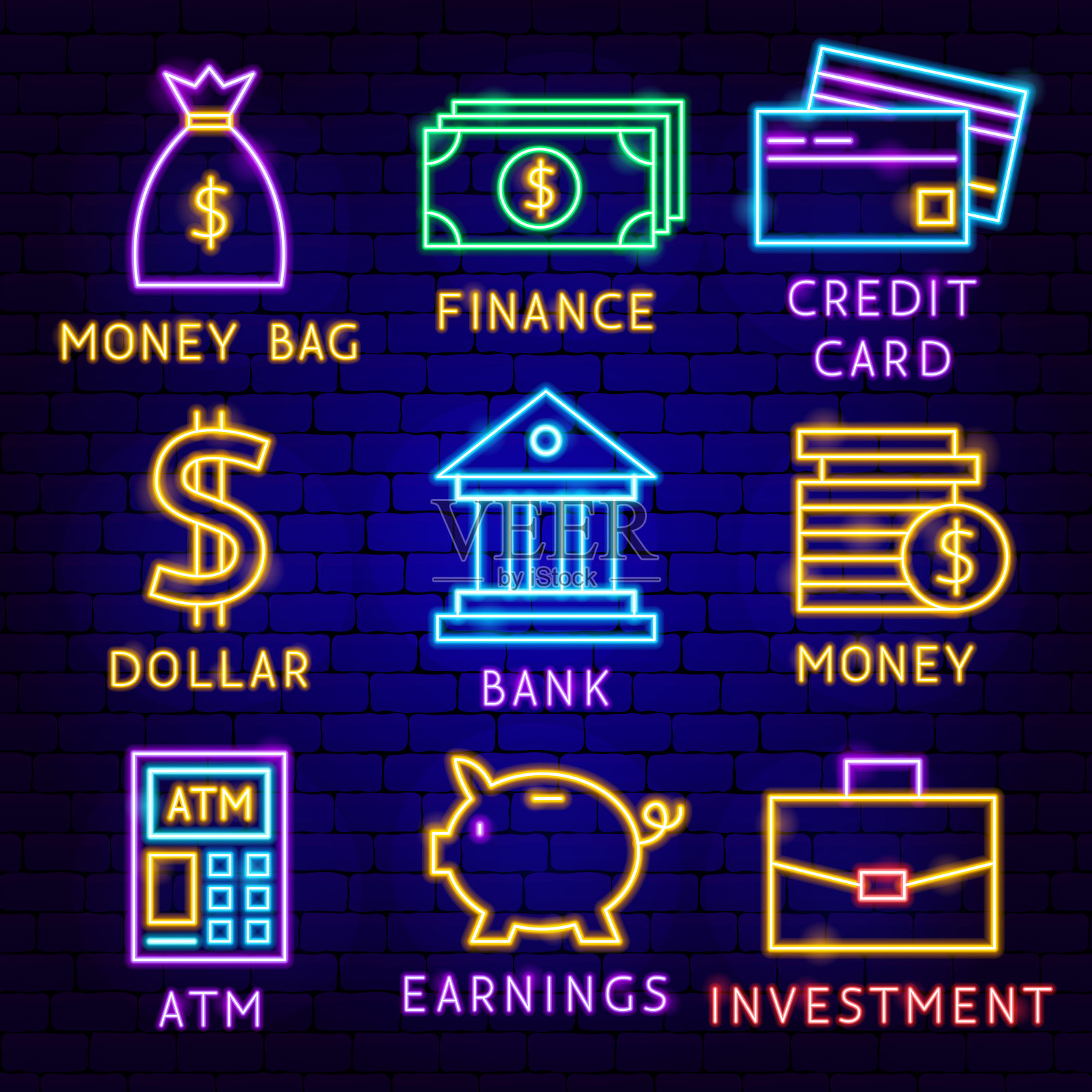 银行霓虹标签套装插画图片素材