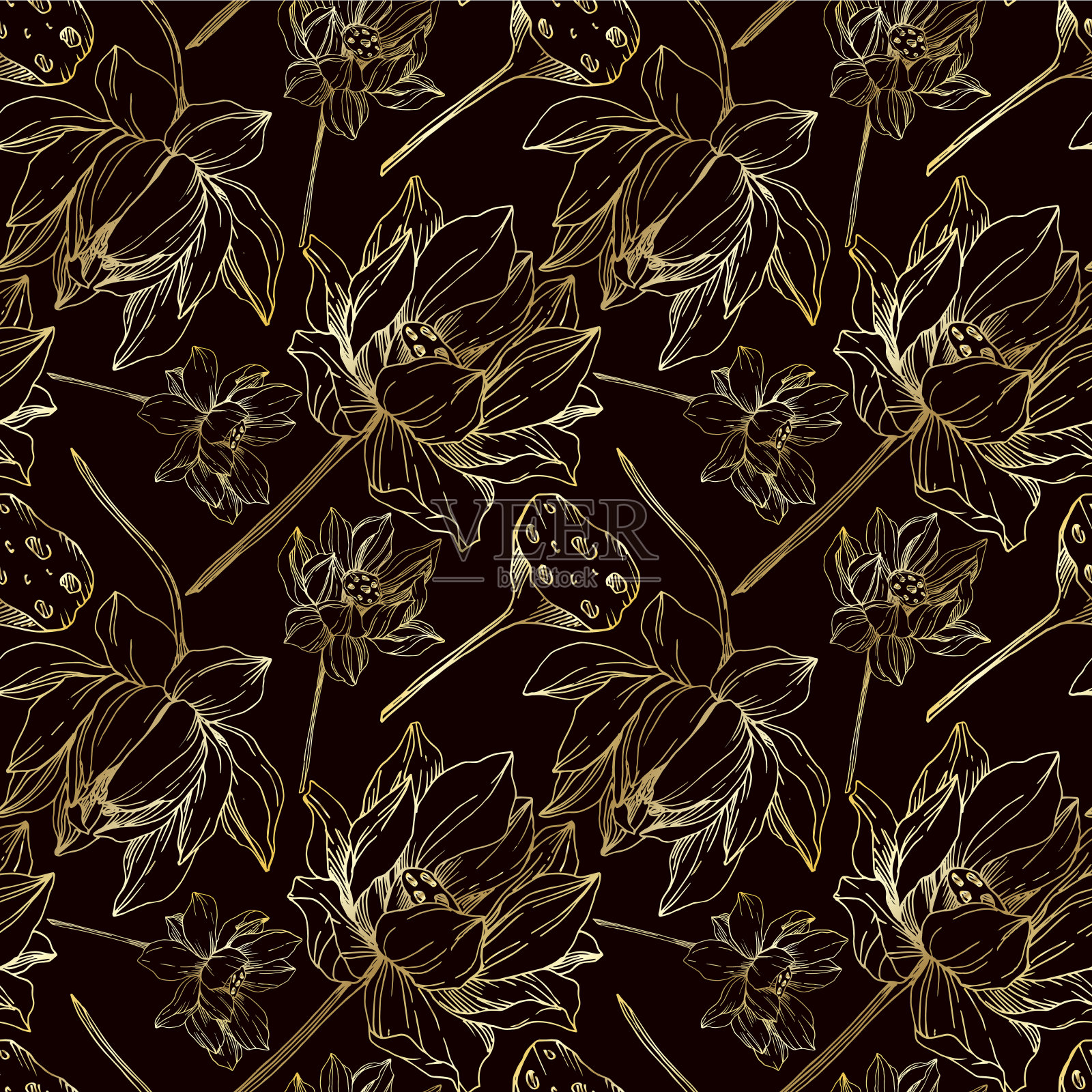 向量莲花花植物花。黑白篆刻水墨艺术。无缝的背景图案。插画图片素材