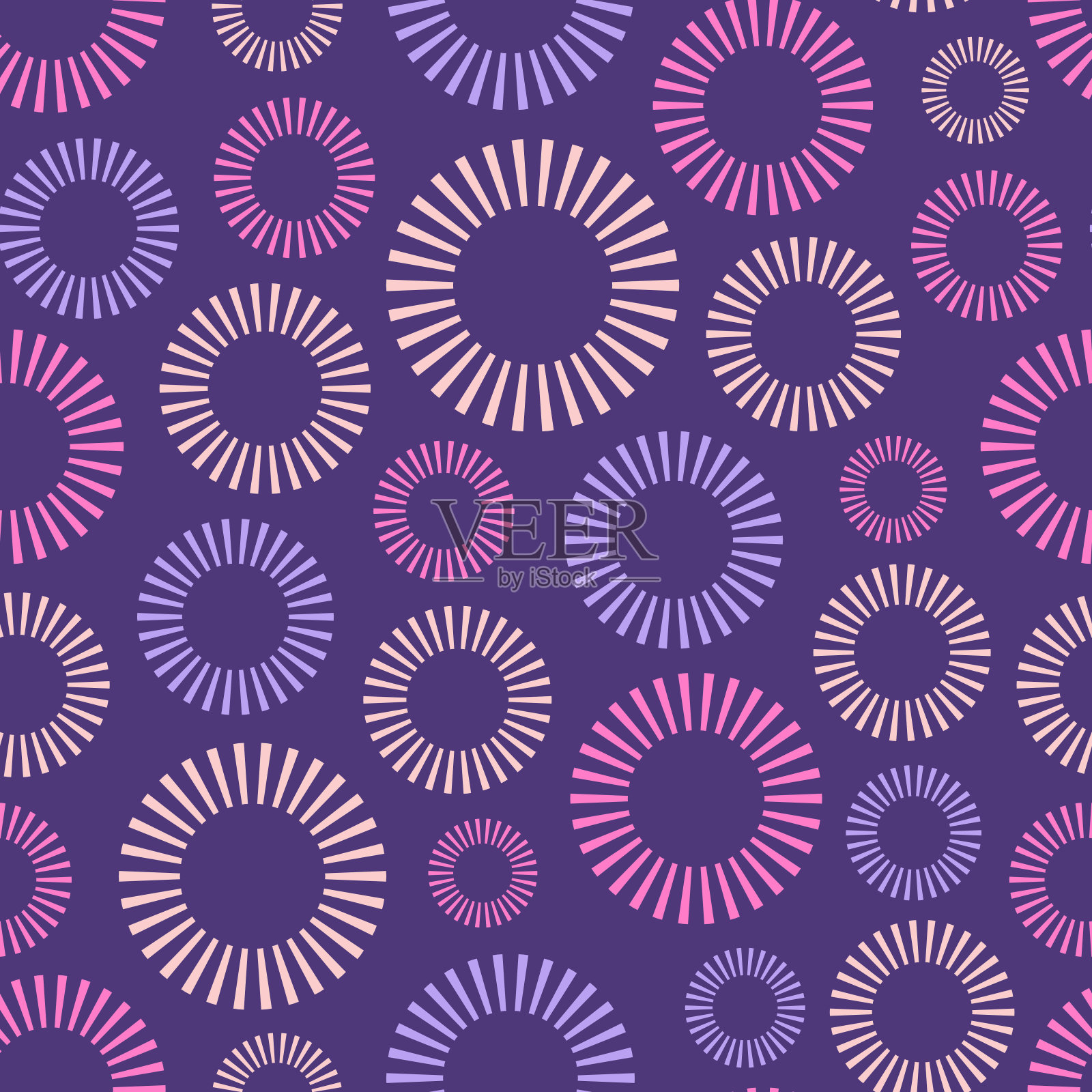 抽象无缝图案的重复圆形条纹饰品孤立在紫色的背景。插画图片素材