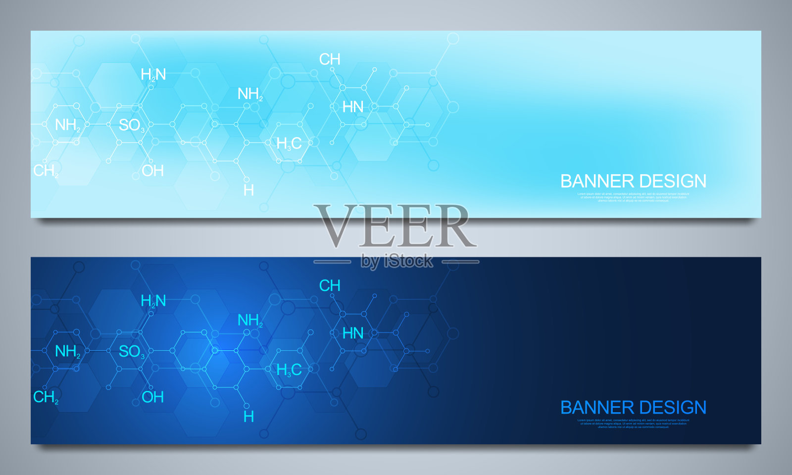 横幅设计模板和标题网站与抽象的化学背景和化学公式。科技创新理念。装修网站等创意。插画图片素材