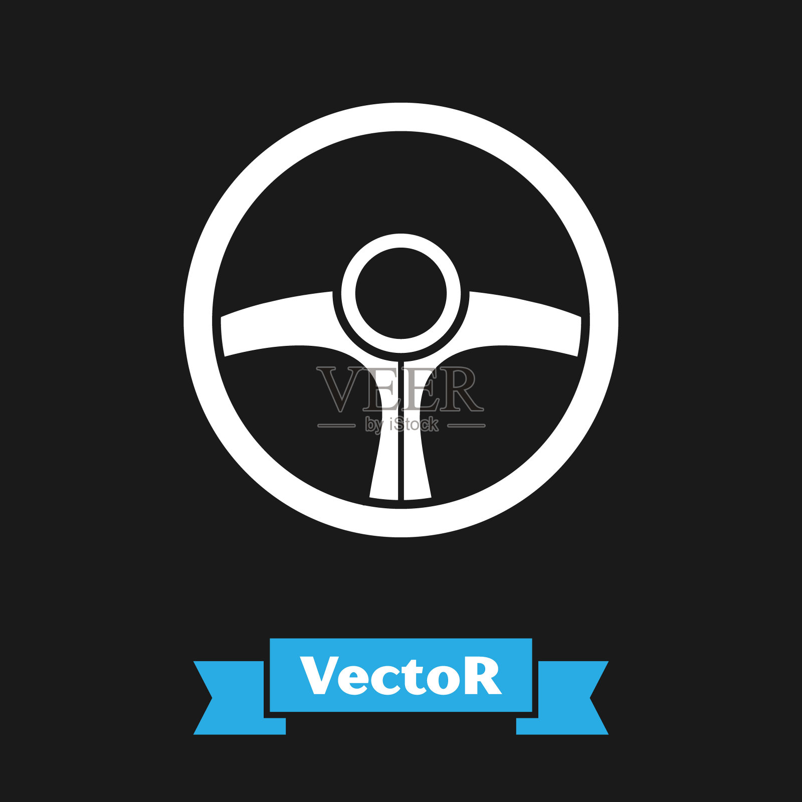 白色方向盘图标孤立在黑色背景。汽车轮图标。矢量图插画图片素材