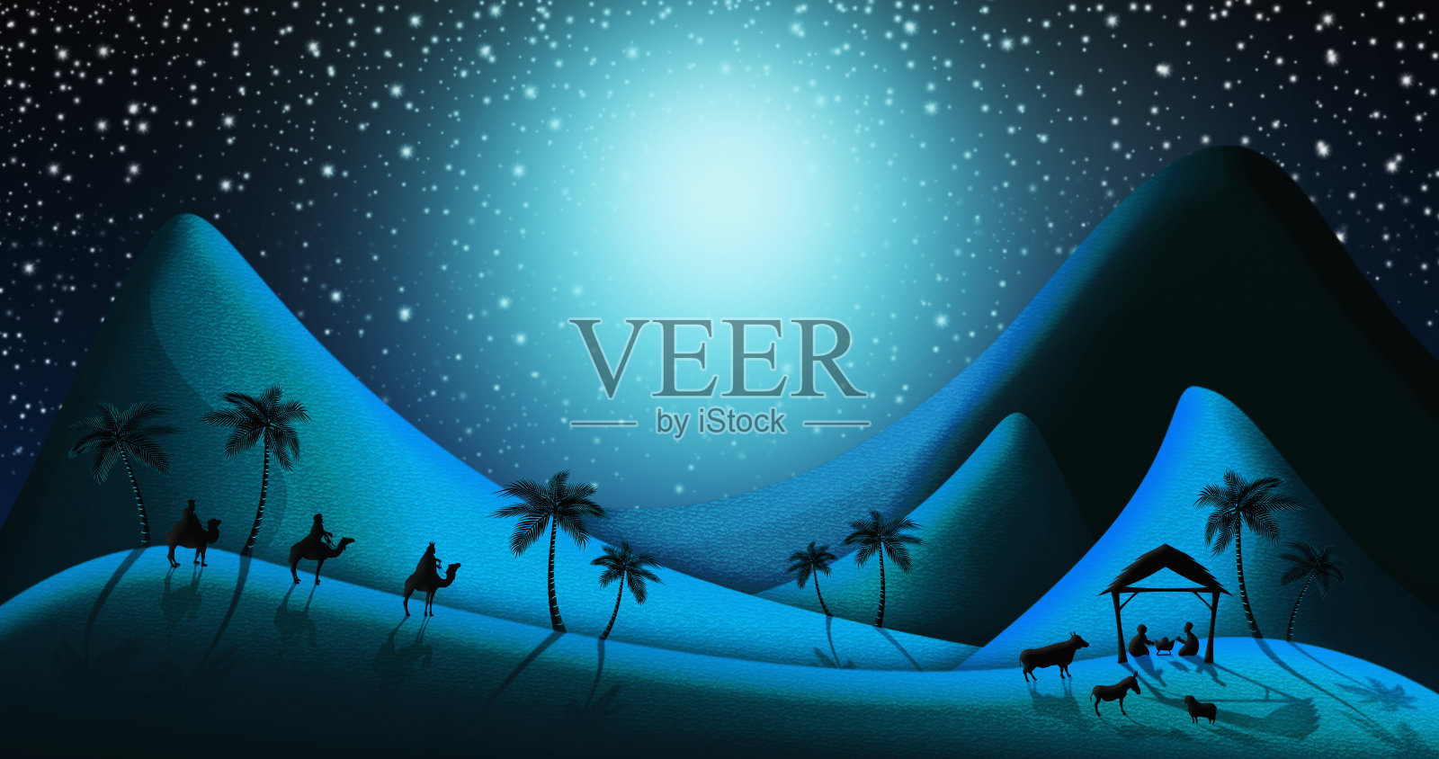 三贤士在马槽插图中遇见小耶稣的圣诞场景插画图片素材