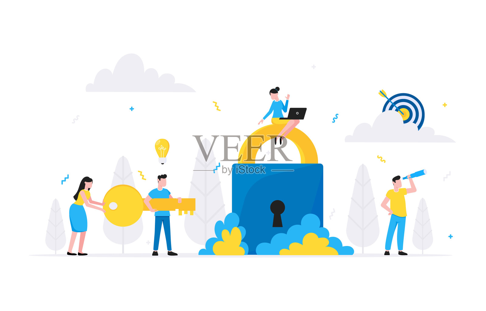 团队合作理念与小人角色一起工作与大目标和小人角色。团队合作和时间管理概念平面风格设计矢量插图孤立的白色。插画图片素材