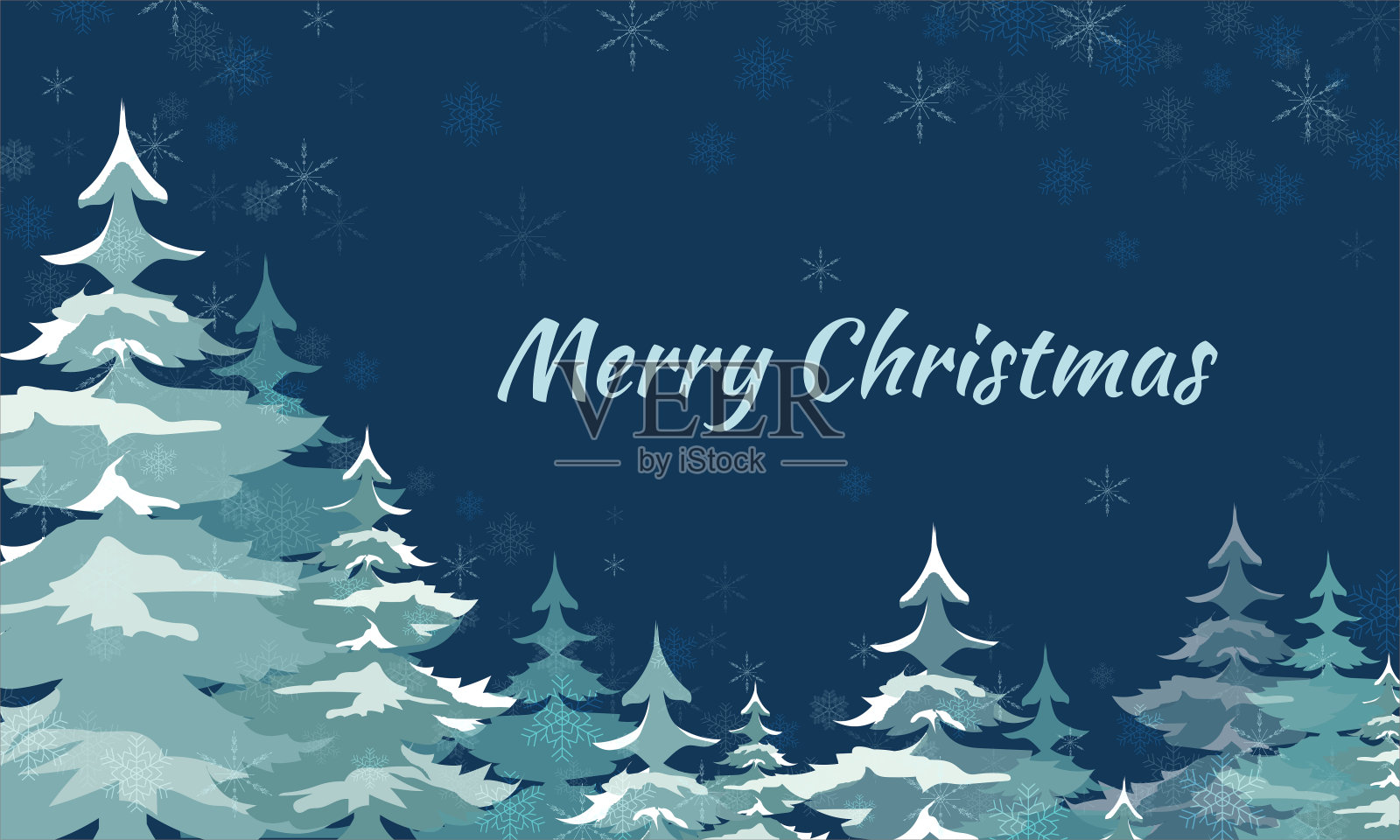 在蓝色背景下,圣诞树的冬季卡片。蓝色背景上的雪花矢量插图。插画图片素材