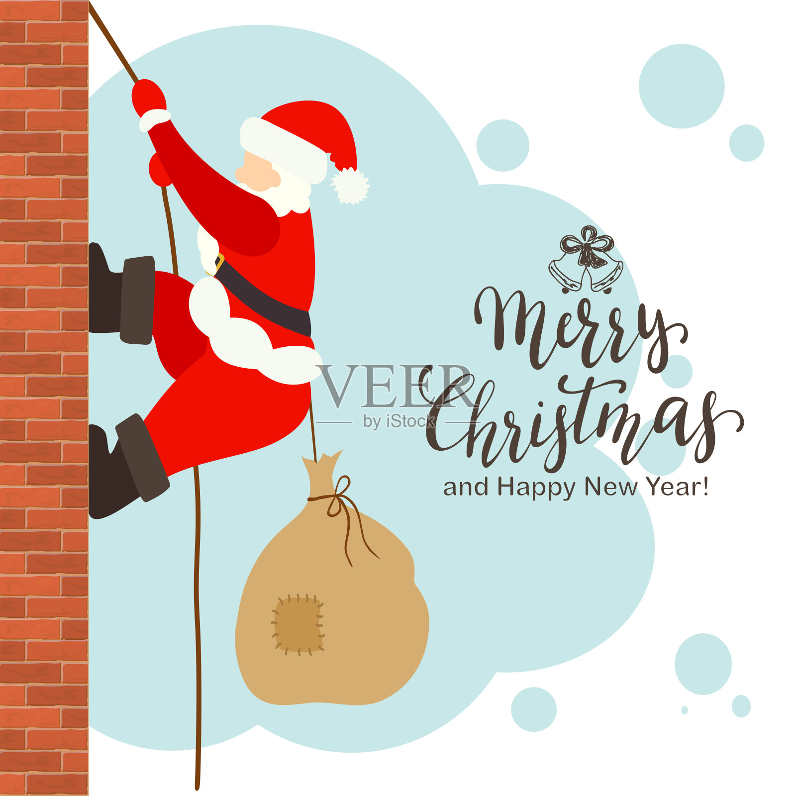 圣诞老人带着圣诞袋爬上了墙设计模板素材