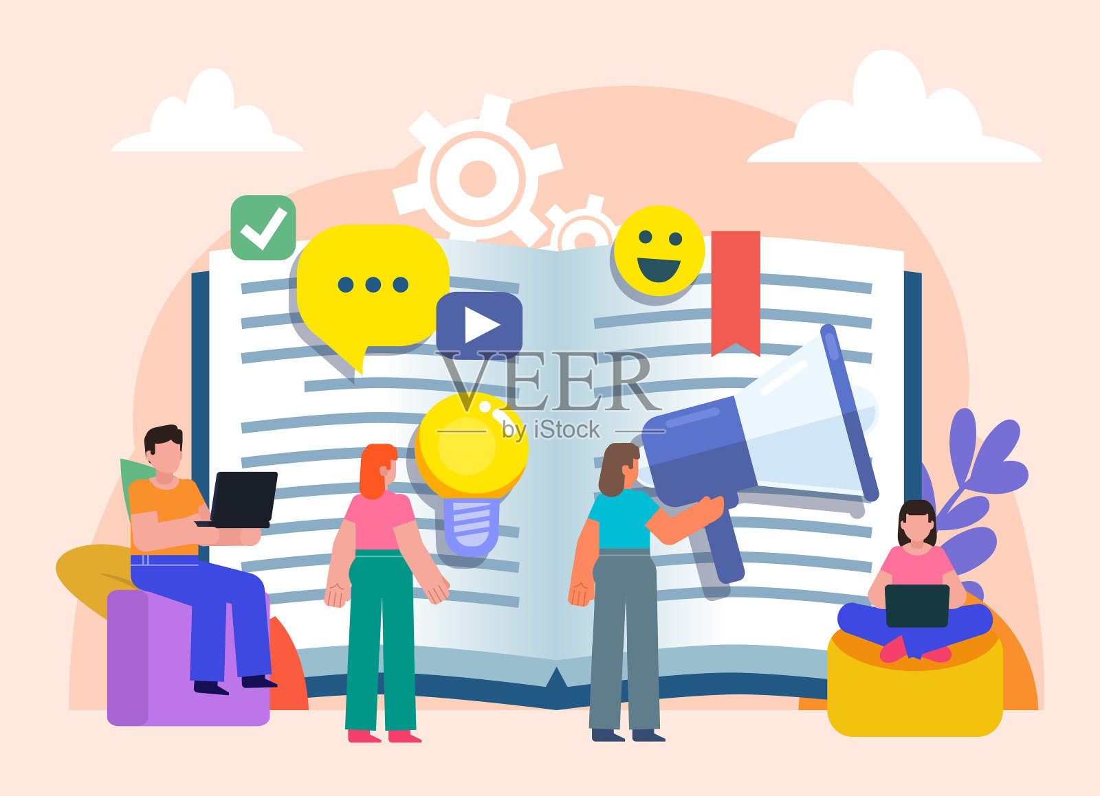 在线视频博客,保持日记的概念。一群人站在大练习本、日记本旁边插画图片素材