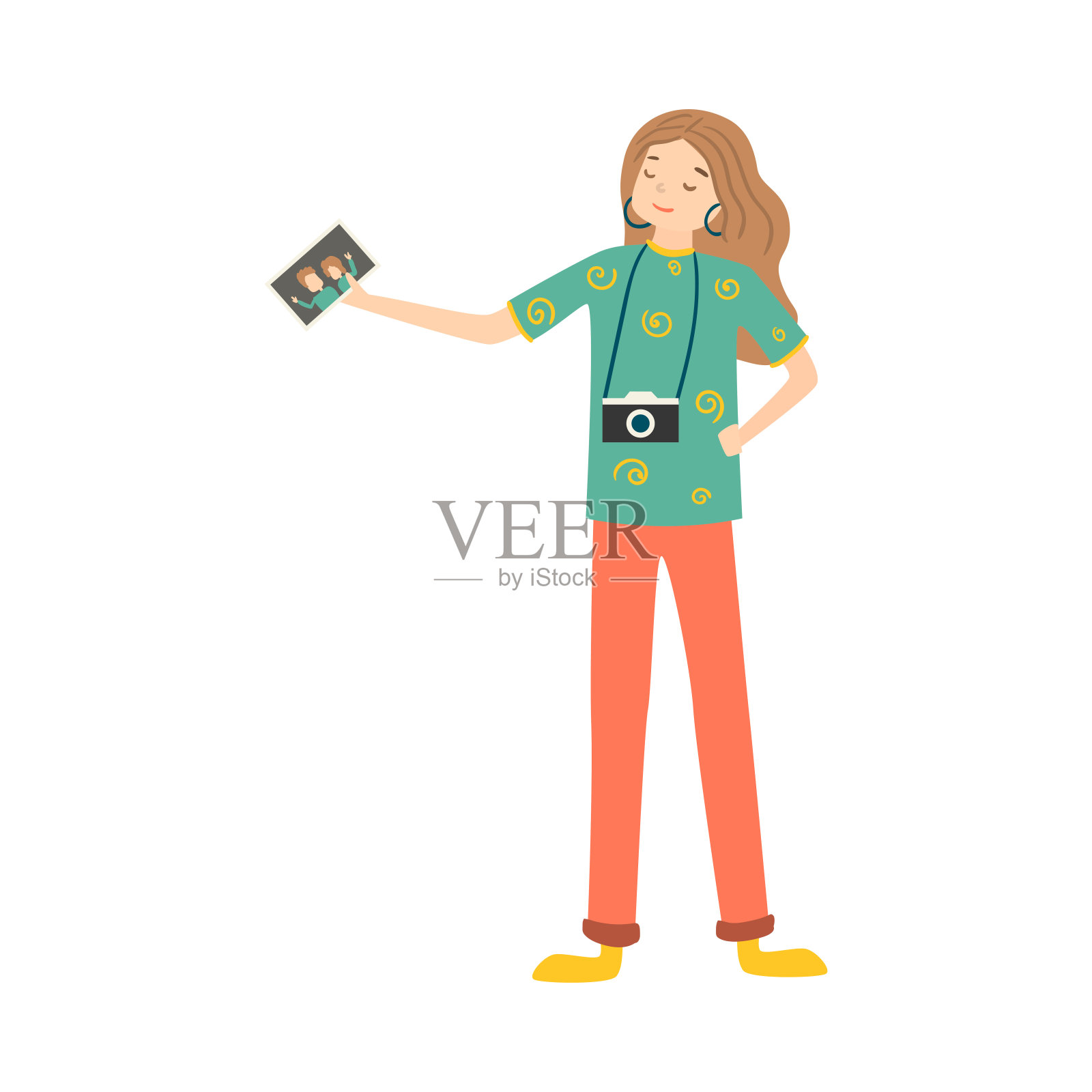 女孩与照片相机站着,并持有照片矢量插图插画图片素材