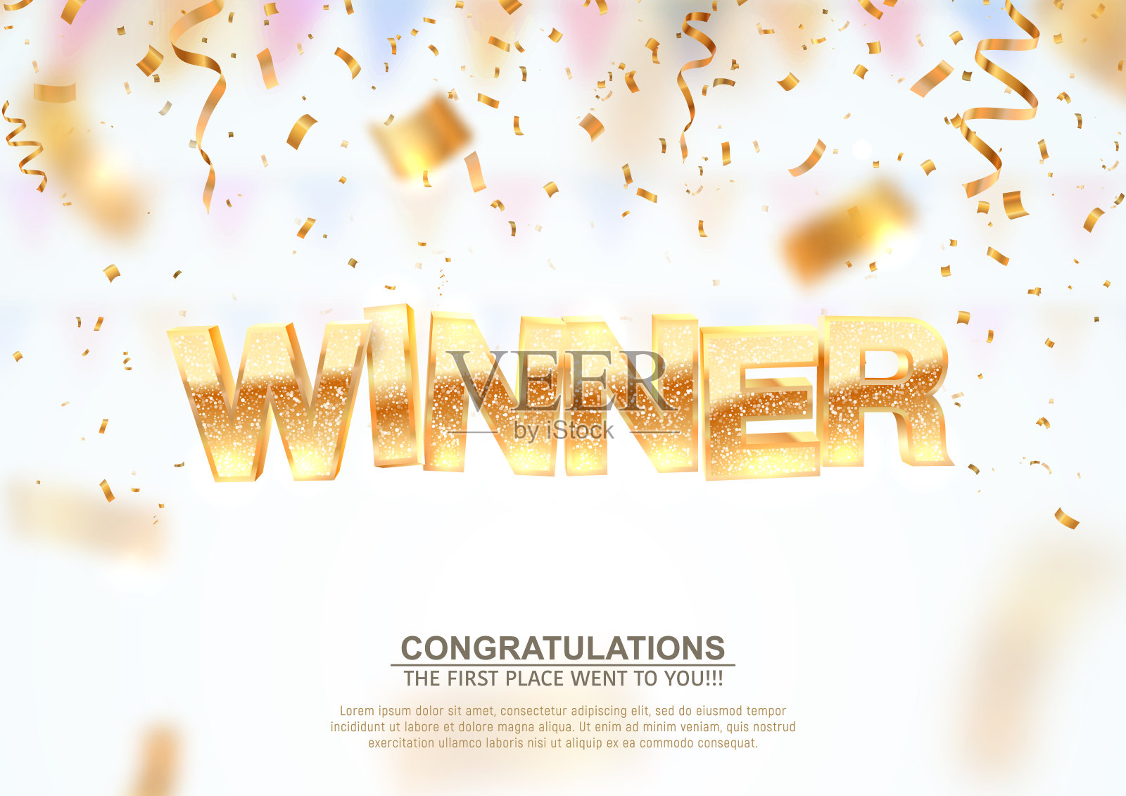 黄金获奖者字落下五彩纸屑背景模糊运动效果。获胜矢量插图模板。祝贺你取得了完美的胜利插画图片素材