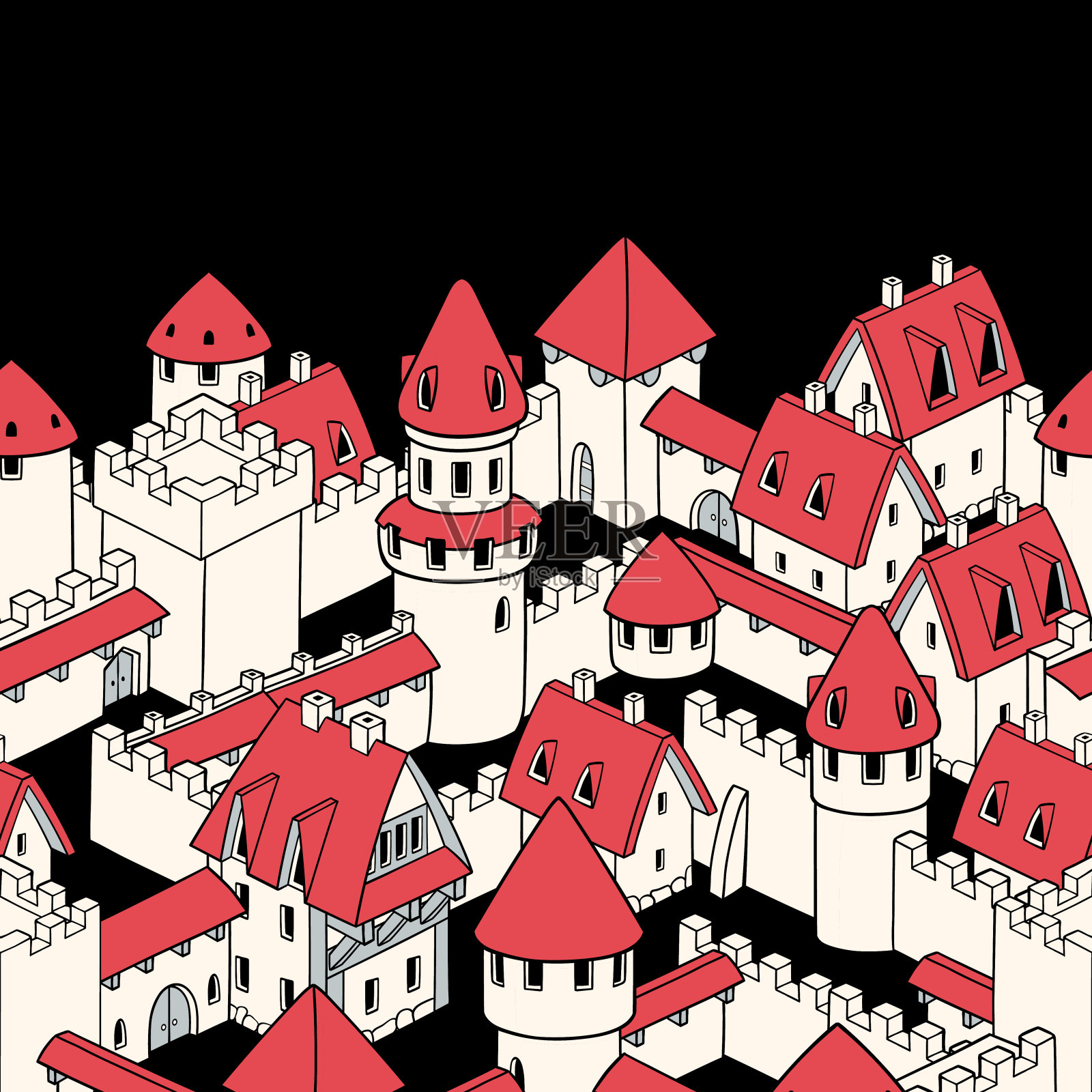 矢量无缝边界模式与中世纪城市。哥特式建筑。冬天的背景与飘落的雪。圣诞节的背景。包括无缝模式。插画图片素材