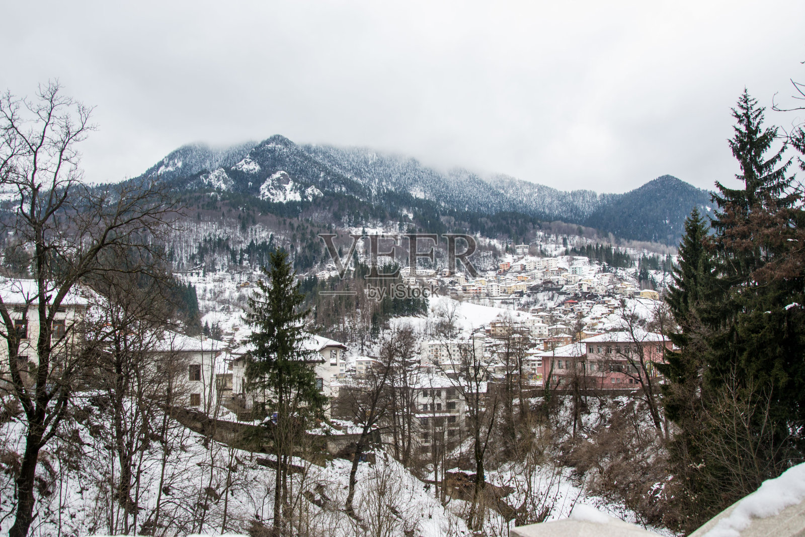 冬天在山上,美丽的白雪覆盖的房子,雪树和雾白色的天空与云彩照片摄影图片