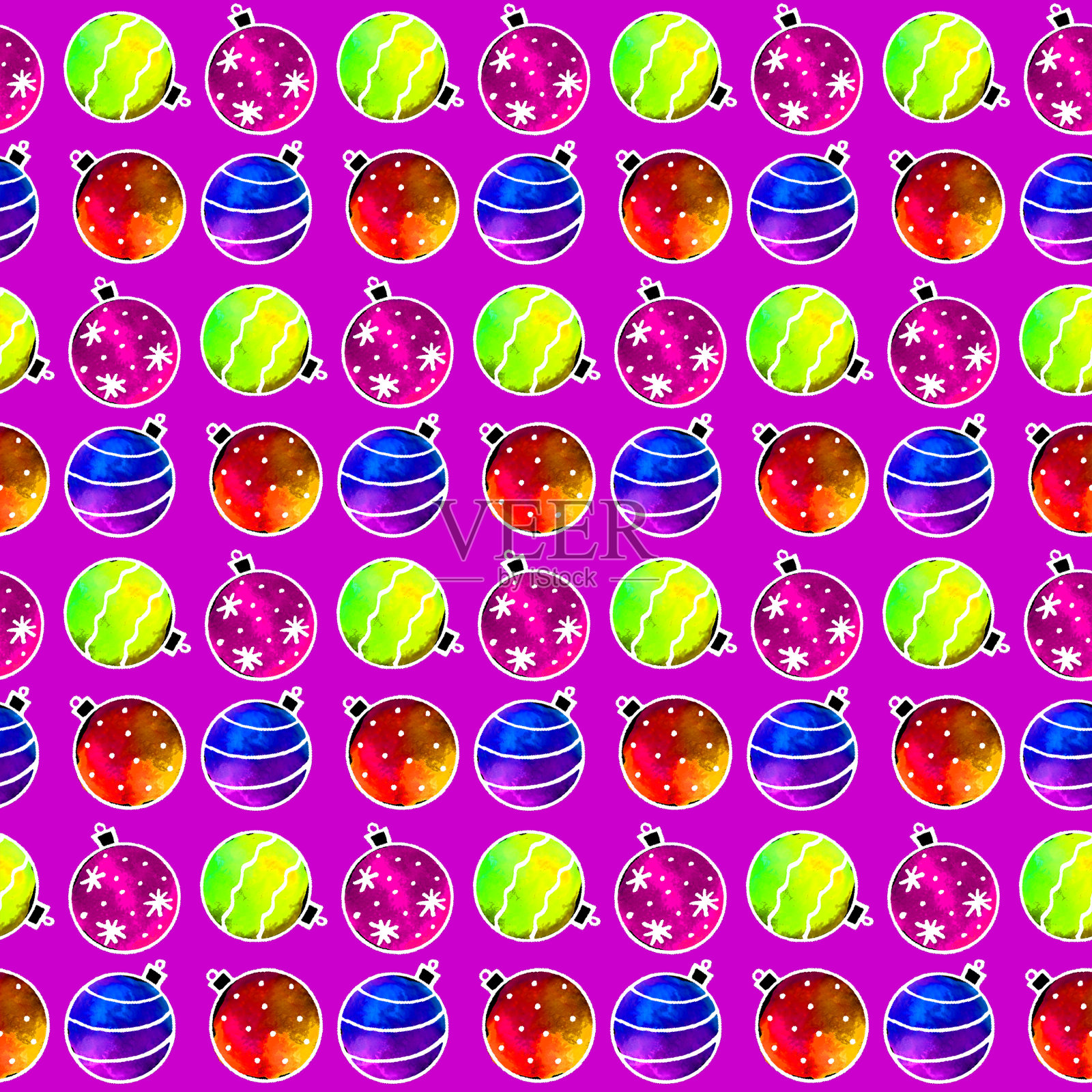 无缝模式与水彩圣诞树球。新年圣诞背景纹理。用于贺卡,包装纸,包装,织物,日历,印刷品,标志,横幅,海报,网页插画图片素材