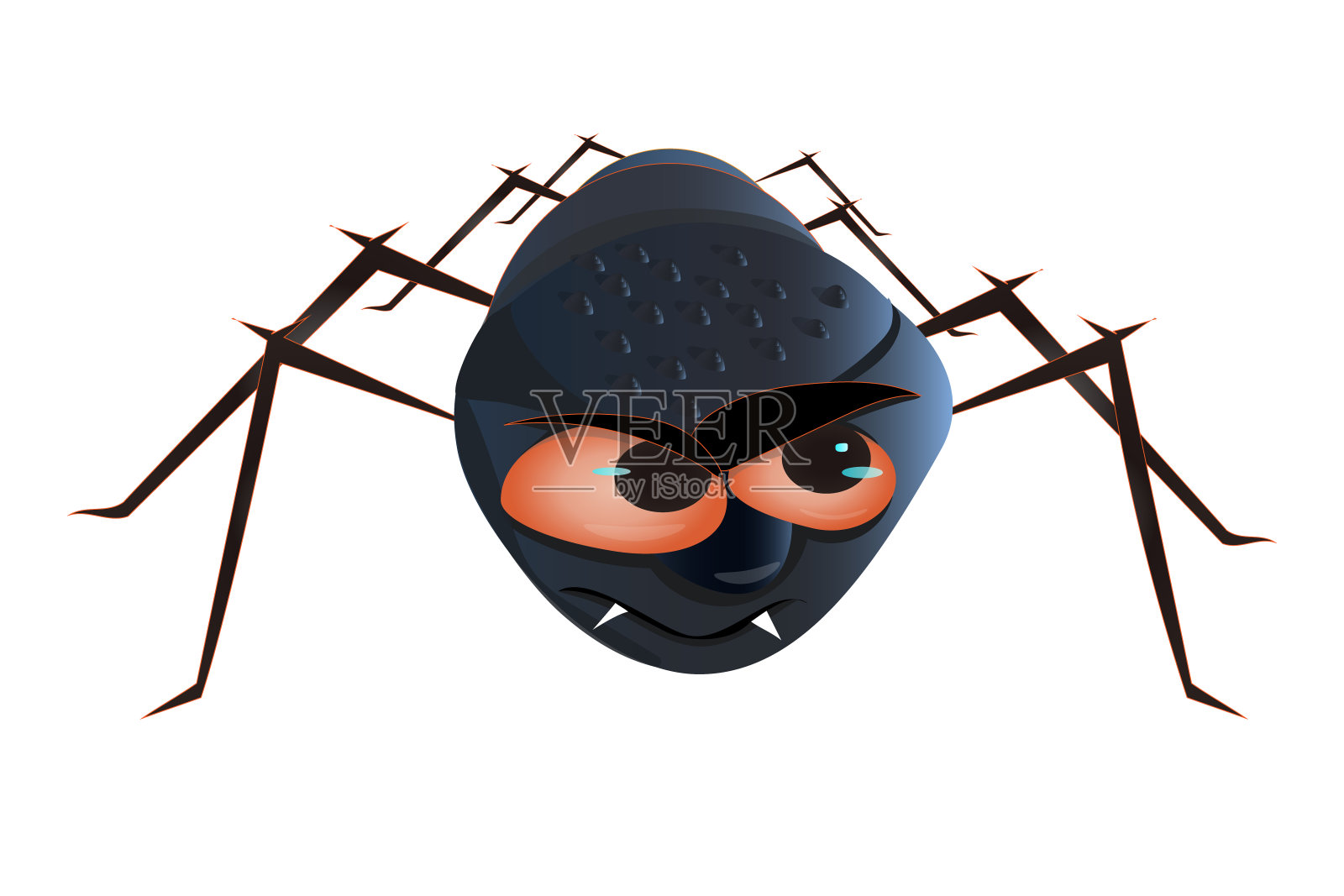 卡通蜘蛛孤立的白色背景。愤怒的黑蜘蛛,红眼睛。怪异的性格。插画图片素材