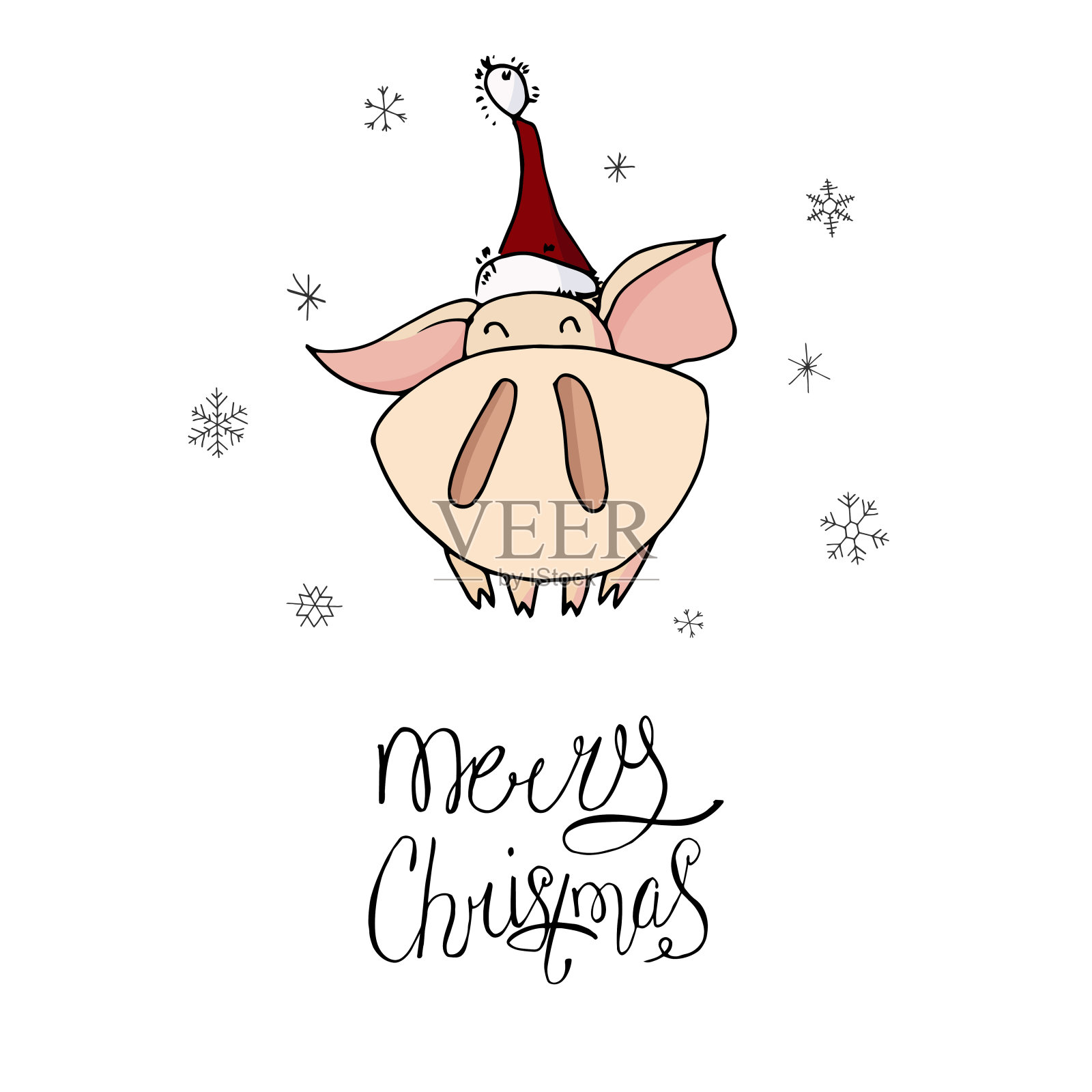 可爱的涂鸦圣诞猪与圣诞帽和问候字母。2019年的象征。插画图片素材