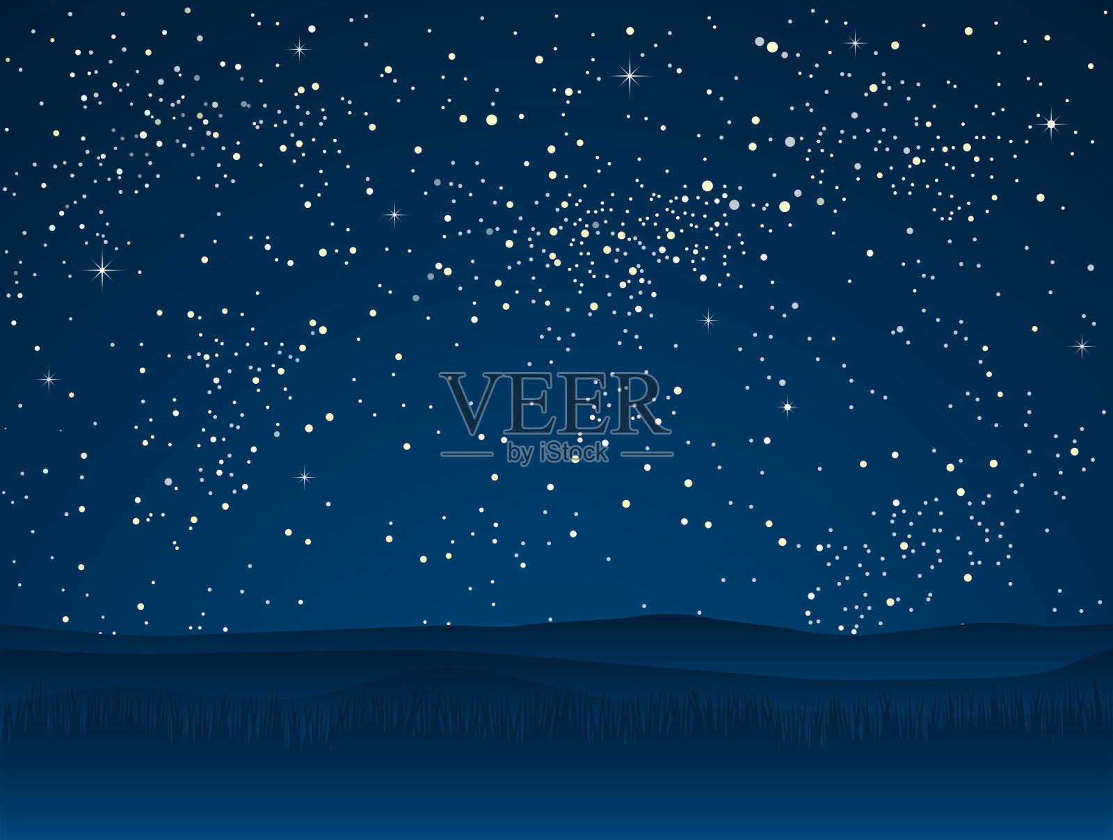 繁星点点的夜晚,草地上闪烁着明亮的星星。背景,旗帜。插画图片素材