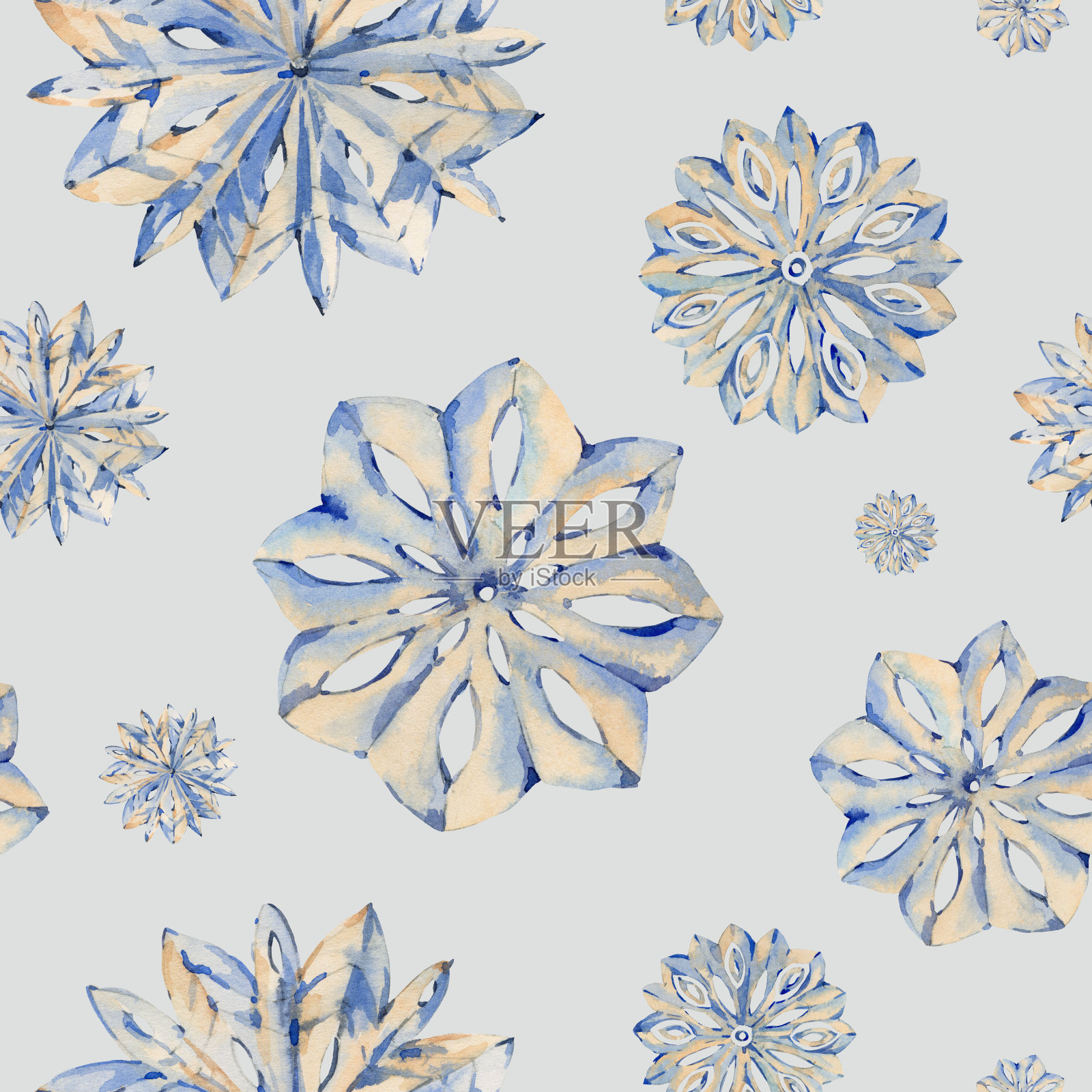 水彩冬天用雪花无缝图案,手绘艺术花边纹理插画图片素材