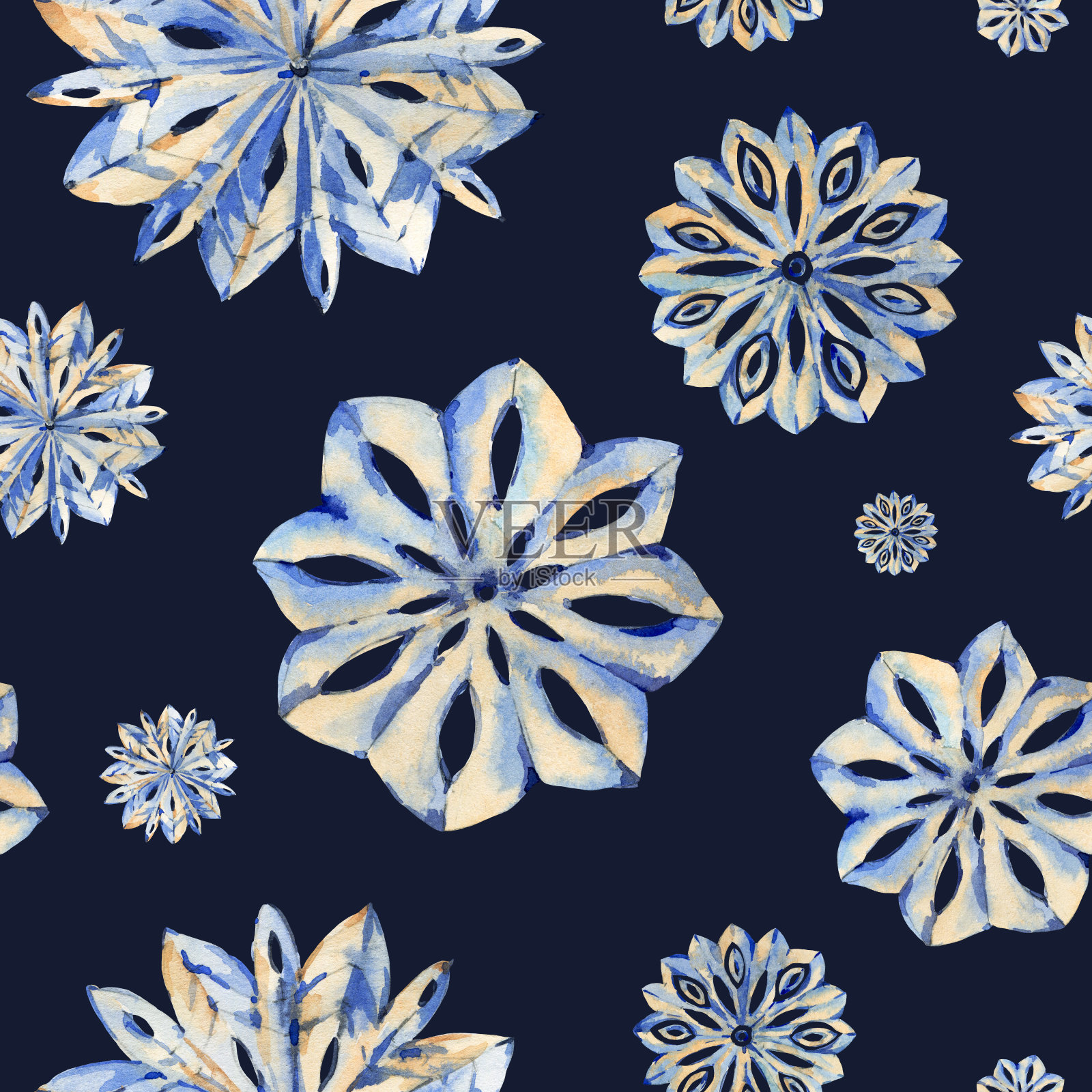 水彩冬天用雪花无缝图案,手绘艺术花边纹理插画图片素材