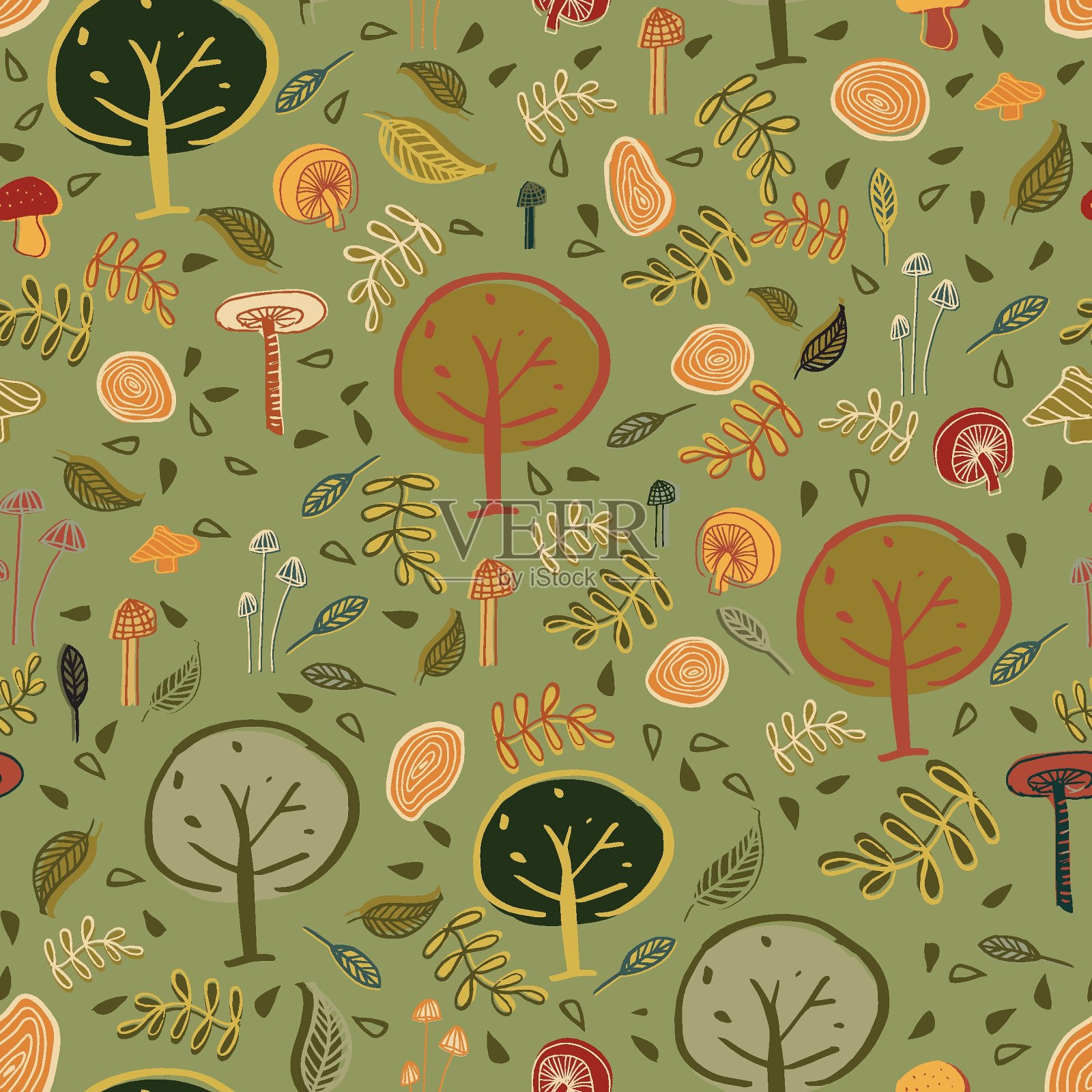 林地森林无缝图案设计。插画图片素材