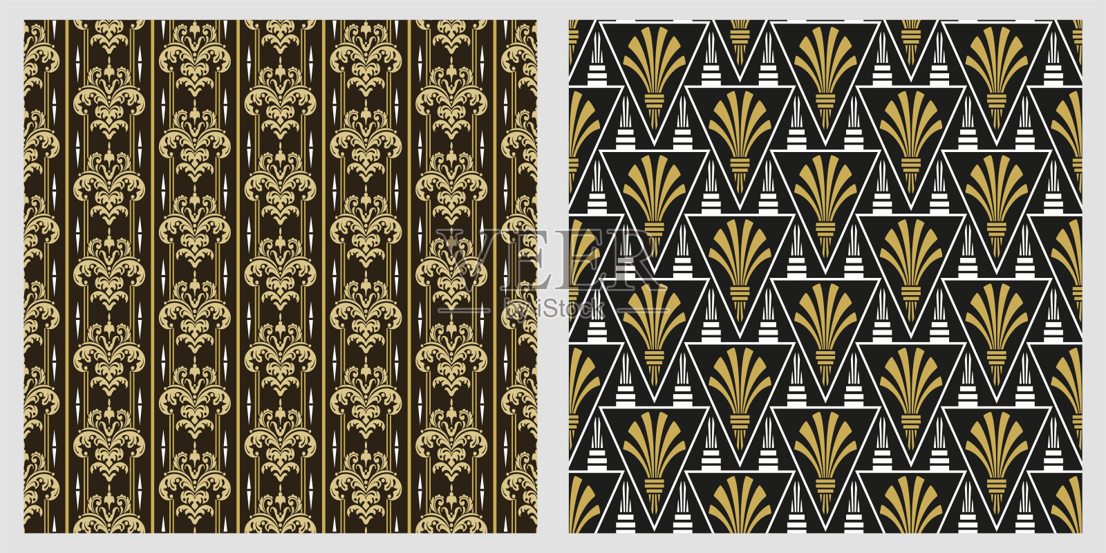 两种亚洲风格的背景图案。无缝向量背景。组模式。图像中的颜色:黑色,白色,金色。精美的图形设计。矢量图形插画图片素材
