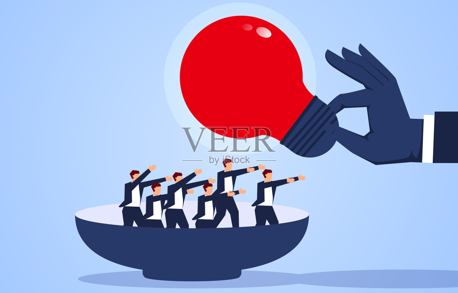 巨人给一个大碗里的一群商人一个发光的灯泡插画图片素材