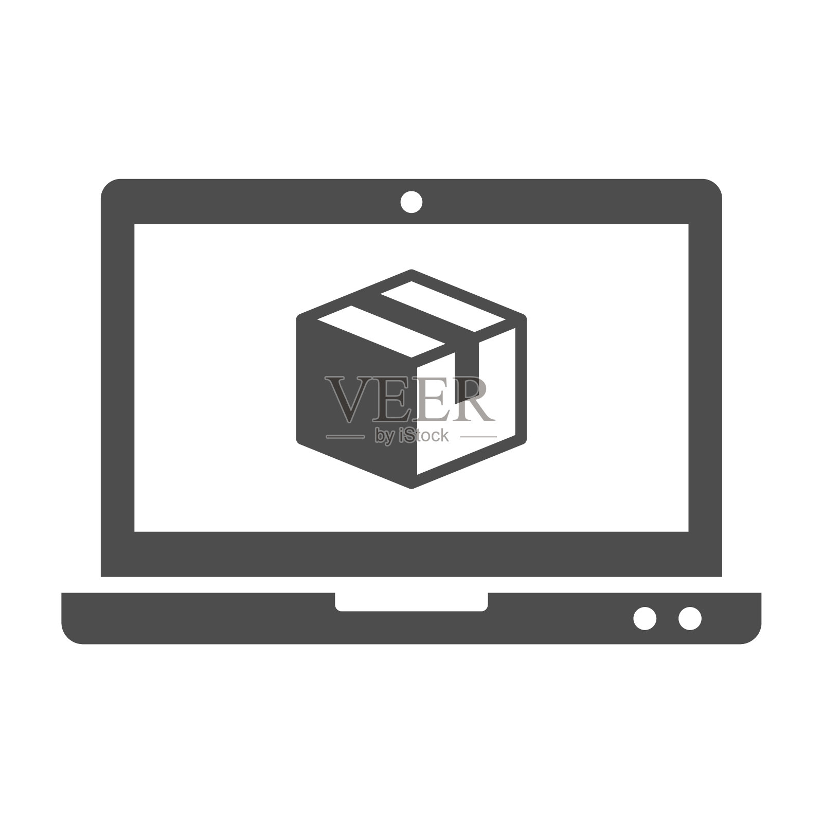 在线交付服务矢量图标孤立在白色背景。有快递应用显示包裹的笔记本电脑。为网页,手机和ui设计提供股票矢量插图插画图片素材