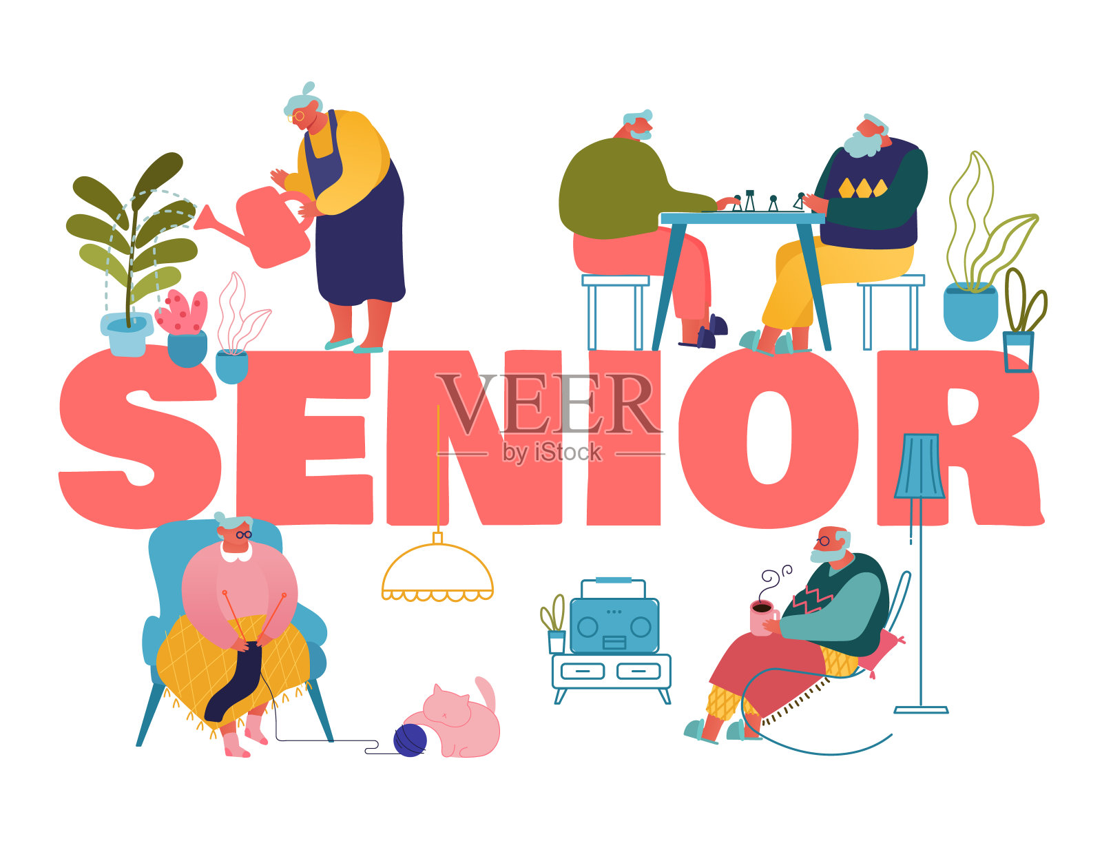 老年人爱好与休闲娱乐概念。男性和女性老年人花时间在敬老院听音乐,下棋,编织海报横幅传单小册子。卡通平面矢量插图插画图片素材