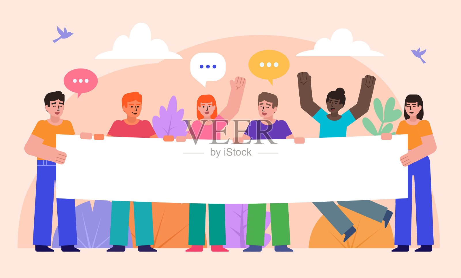 一群人举着大大的空白横幅。广告,庆典插画图片素材